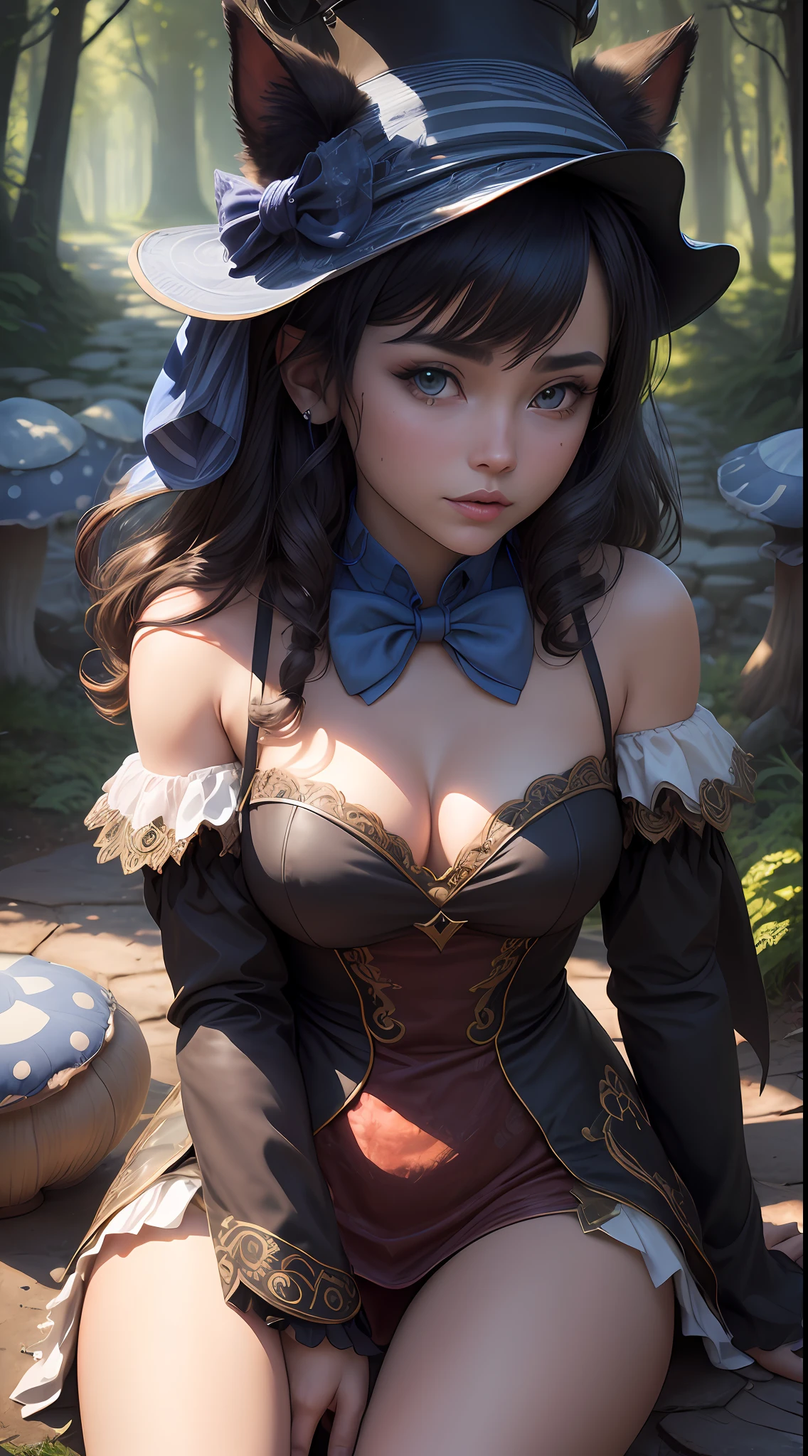 (Cinematic lighting, insane, stunning, dramatic),
Award-winning drawing of cute fluffy black cat in costume and bow tie (sitting:1.1) on magic toadstool in (enchanted mushroom forest:1.1) in (style-sylvamagic), (intricate details:1.2), beautiful eyes, sunlight, (high quality:1.2), fashionable on artstation, absurd, (close-up:1.1) (side:1.1),Cinematic lighting,spectacular lighting, relaxed facial expression, solo, shadows, close-up,depth of field in the distance, photorealistic, real life, "Deep blue sky", "Bright colors", "Reduced highlight", "Polished reflections", "Rich landscapes", "Intricate details", "Macro portraits", "Textures close-up", "Macro landscapes", "Long exposures", "Silky sky", "Unearthly landscapes", "Dreamy portraits", (Style-Cat in a bow tie and tailcoat:1),Final Fantasy XVI, Canon EOS 6D Mark, IS...