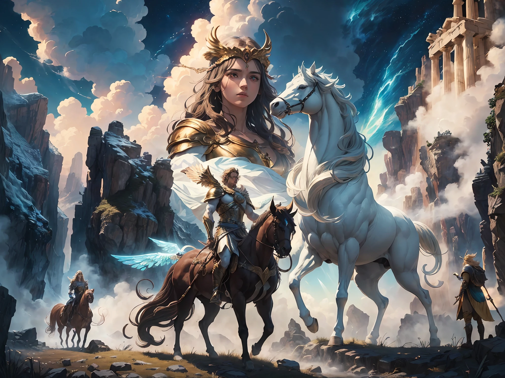 (best quality:1.3),(masterpiece:1.15),(illustration:1.23),(ultra-detailed:1.26), (4k res), High resolution, (best illumination, cinematic), Olympus shines bright amidst the clouds, as the gods of Greek mythology and other mythical creatures gather for a grand and epic showdown. Fantasy elements and dramatic flair abound, setting the stage for an unforgettable story.