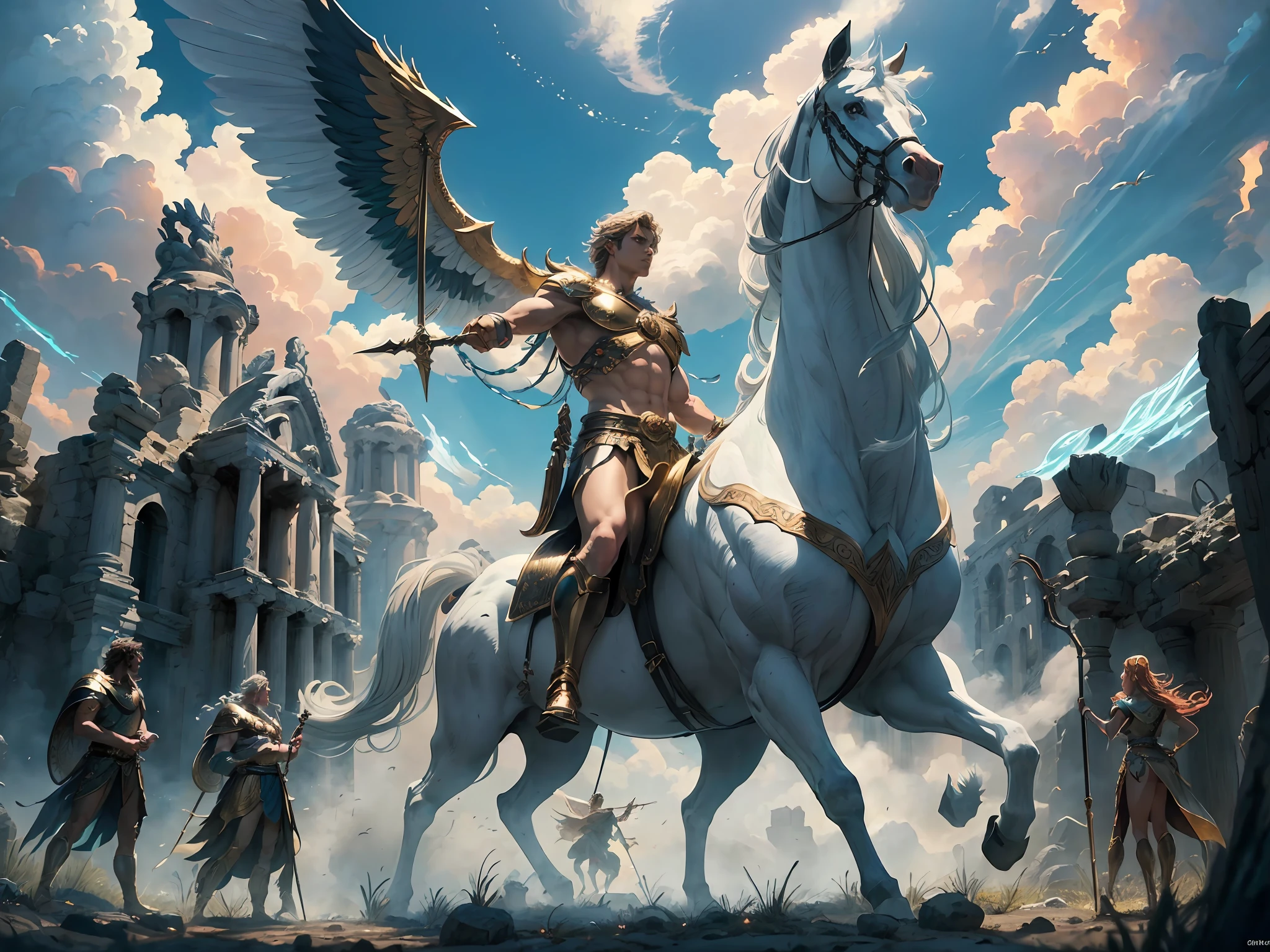 (best quality:1.3),(masterpiece:1.15),(illustration:1.23),(ultra-detailed:1.26), (4k res), High resolution, (best illumination, cinematic), Olympus shines bright amidst the clouds, as the gods of Greek mythology and other mythical creatures gather for a grand and epic showdown. Fantasy elements and dramatic flair abound, setting the stage for an unforgettable story.