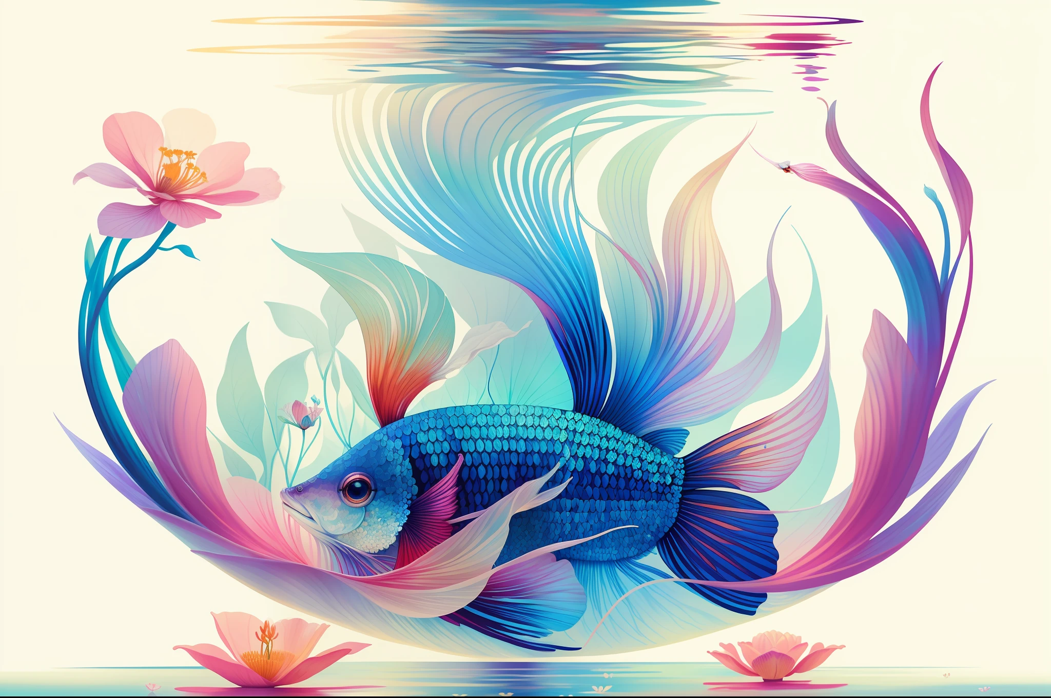 (Illustration:1.3) beautiful betta fish swimming with flowers (by Artist Anna Dittman:1), (((masterpiece))), (((best quality))), ((ultra-detailed)),(detailed light),((an extremely delicate and beautiful)),