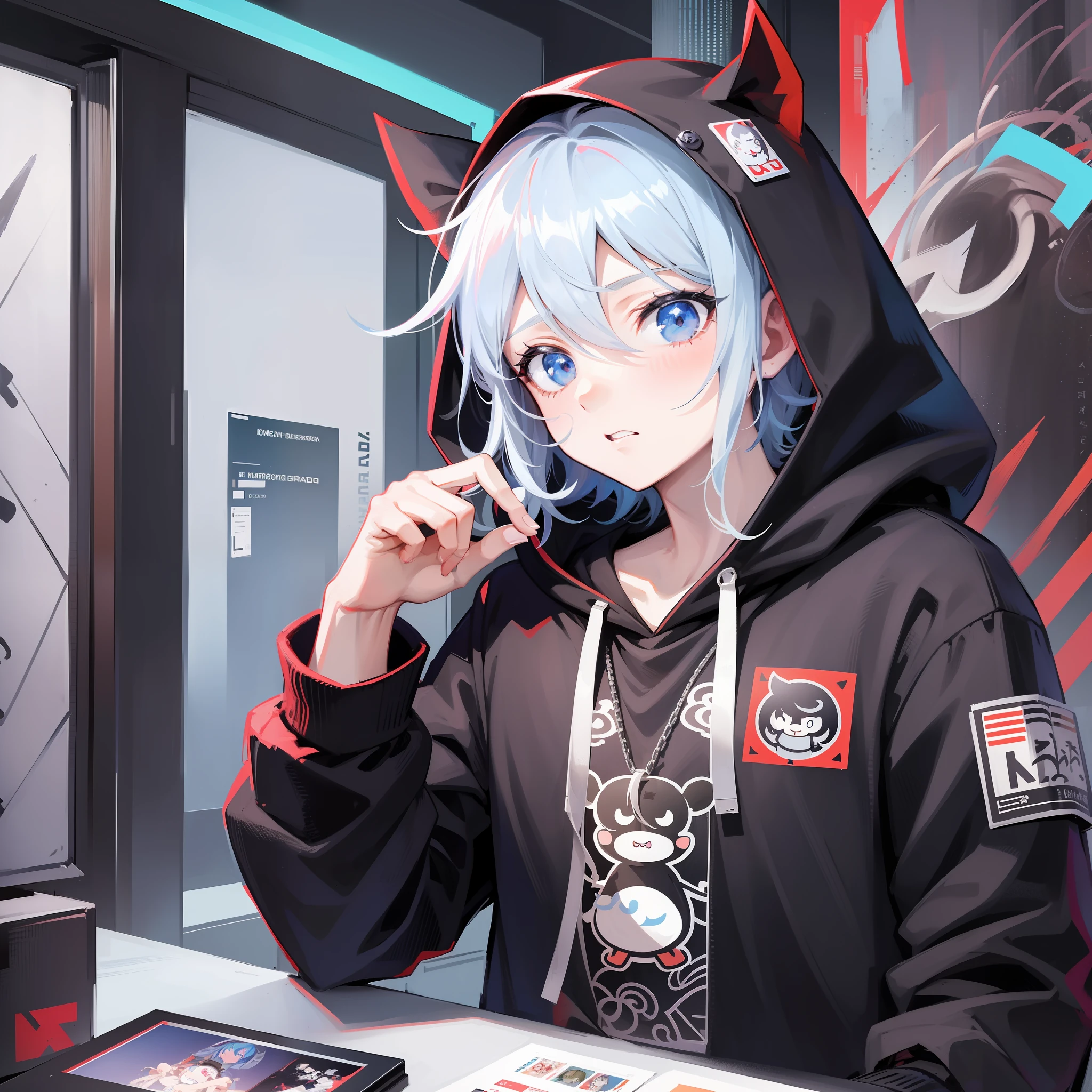 Boy in hoodie, index finger to mouth, facing camera, upper body, cow sticker, key anime art, Danganronpa digital art, anime art wallpaper 8K, anime style 4K, badass anime 8K