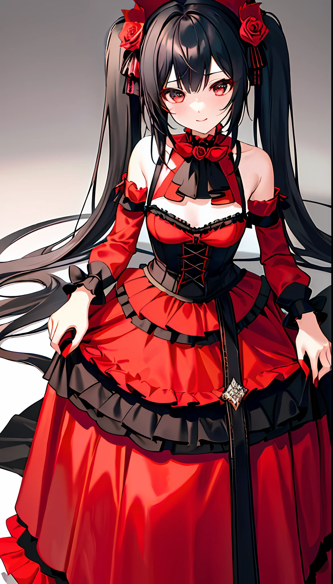 Background plain, 18-year-old beautiful girl, ((Masterpiece)))), (((Best quality))), ((Very detailed)))), detailed fingers, illustration, 1 girl, Solo, Odd-eyed, Black hair twin tails, shoulders, wide open chest, mainly red and black, lace pattern on the skirt and cuffs, (Dark Gothic, a circle of black skirt folds at the bottom of the red skirt, a layer of red skirt underneath, 5 layers stacked, red and black roses on the opposite side of the skirt color), black garter stockings, black shoes, royal elegant pose, KURUMI,