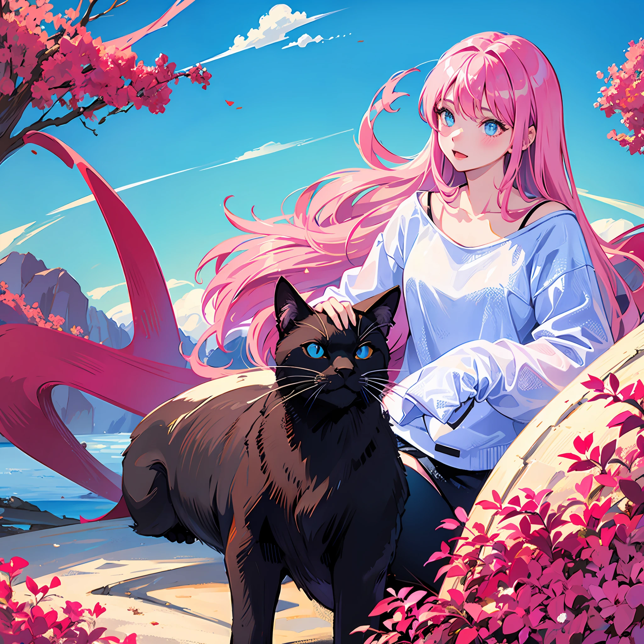 Girl with cat, black cat, pink hair blue eyes, avatar