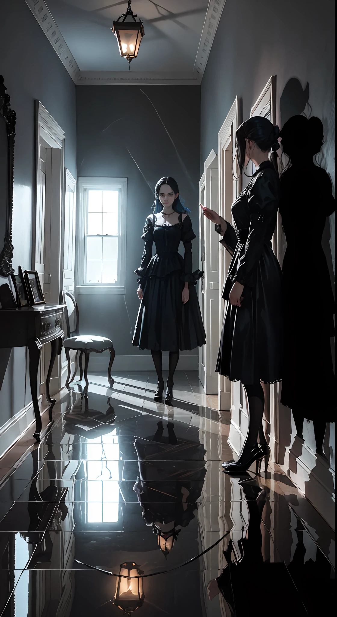 "Mirror in the wall, horror, thriller masterpiece. Best quality, ultra-detailed, extremely detailed CG unity 8k wallpaper. Dynamic angle, dynamic pose, 1 girl with piercing blue eyes and hair reflecting multicolors. Dark room, Dark atmosphere, dim light, shadows creeping, hair standing, chilling. White reflection, haunted background, ghostly shadows. Mirror reflections of fear, reality and distorted memories.