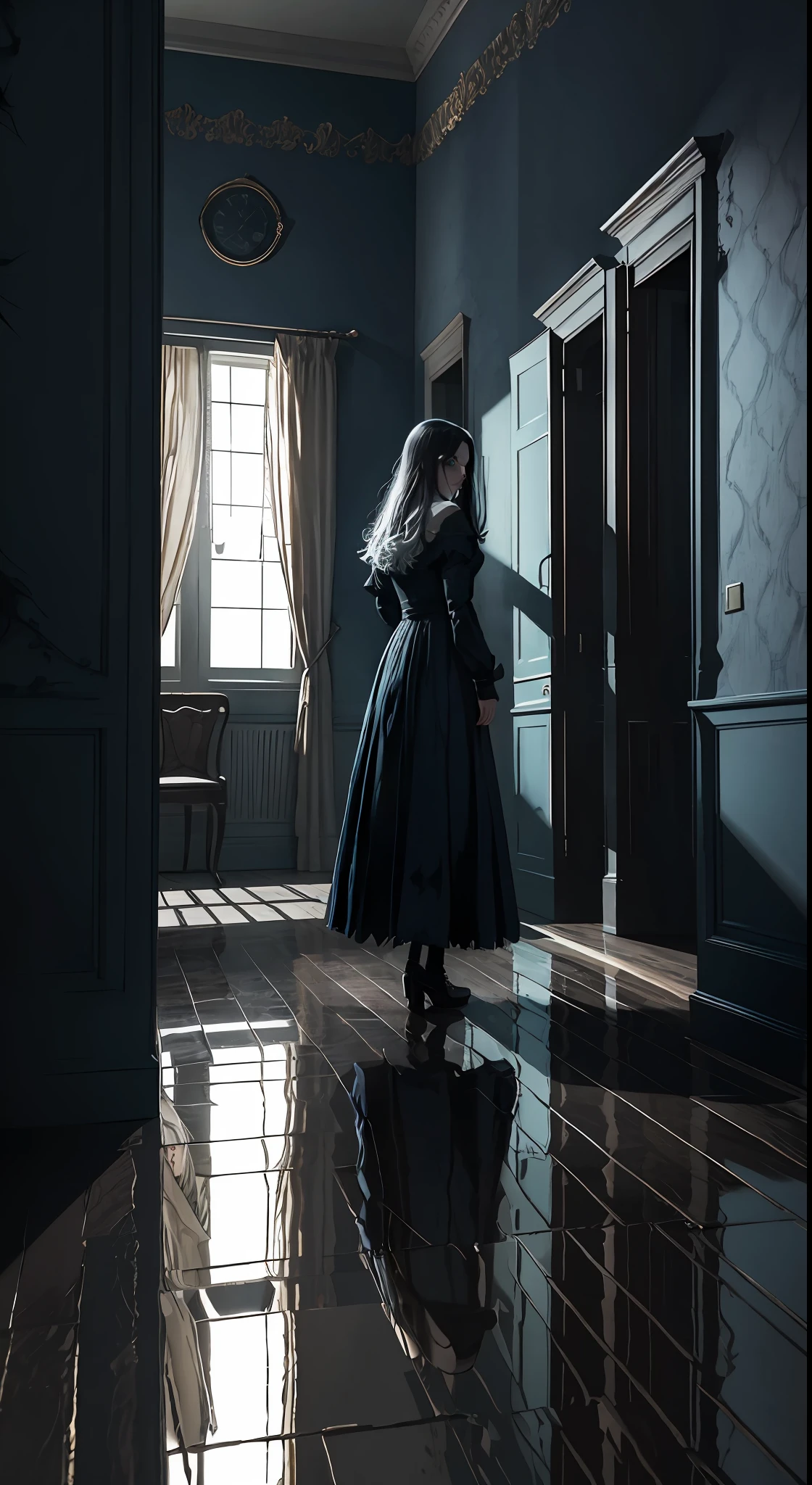 "Mirror in the wall, horror, thriller masterpiece. Best quality, ultra-detailed, extremely detailed CG unity 8k wallpaper. Dynamic angle, dynamic pose, 1 girl with piercing blue eyes and hair reflecting multicolors. Dark room, Dark atmosphere, dim light, shadows creeping, hair standing, chilling. White reflection, haunted background, ghostly shadows. Mirror reflections of fear, reality and distorted memories.
