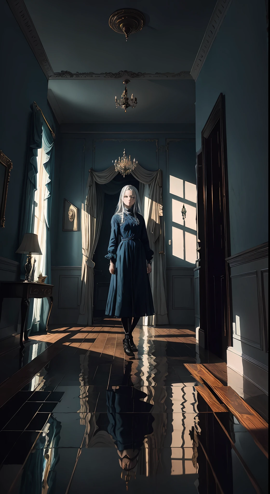 "Mirror in the wall, horror, thriller masterpiece. Best quality, ultra-detailed, extremely detailed CG unity 8k wallpaper. Dynamic angle, dynamic pose, 1 girl with piercing blue eyes and hair reflecting multicolors. Dark room, Dark atmosphere, dim light, shadows creeping, hair standing, chilling. White reflection, haunted background, ghostly shadows. Mirror reflections of fear, reality and distorted memories.