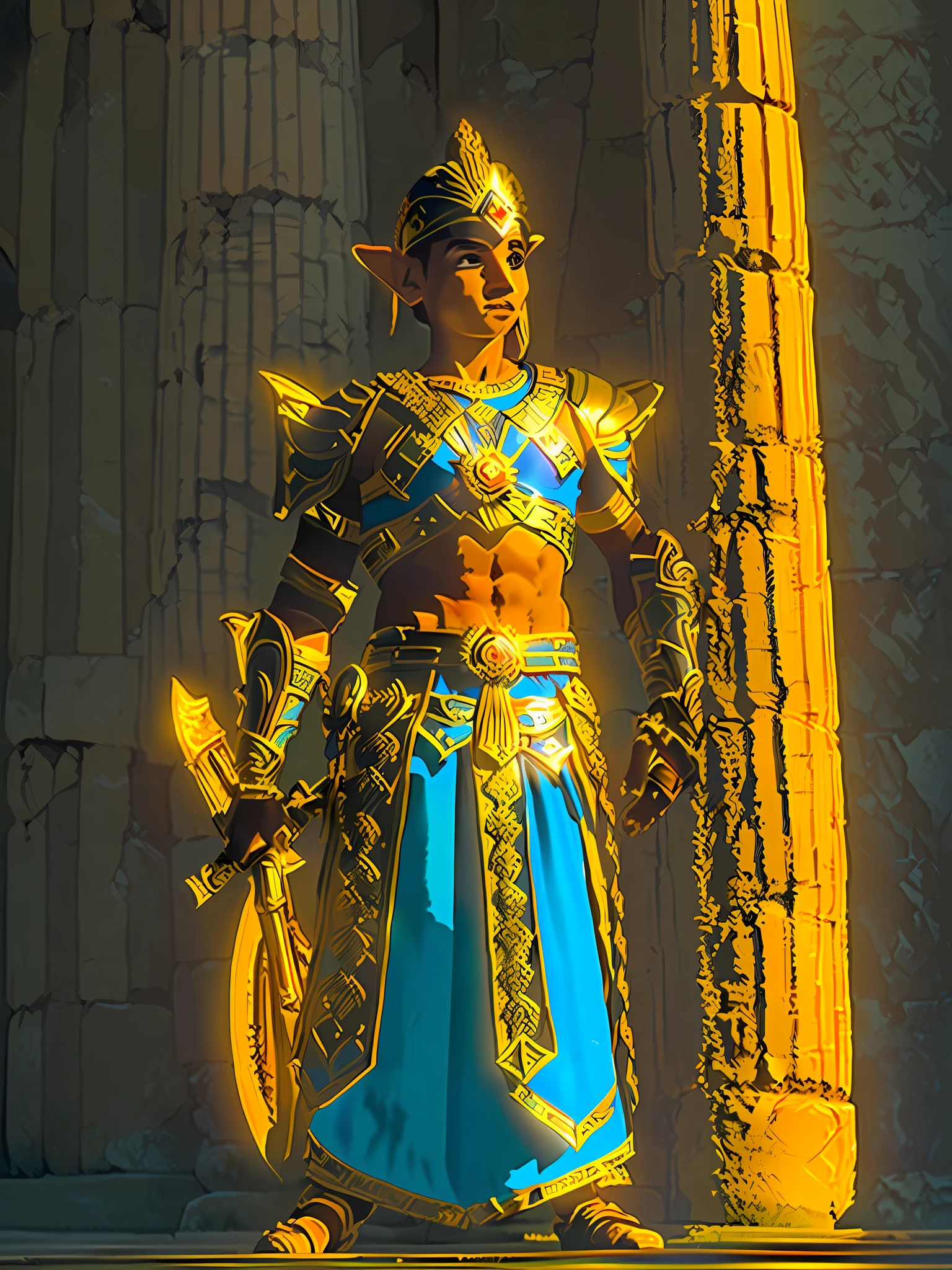 1 boy, a young elf paladin, fully dressed in golden armor, fighting posture with sword and shield, in an Egyptian temple, D&D, masterpiece, best quality, high contrast, soft lighting, backlighting, blooming, light glows, chromatic aberration, smooth, sharp focus