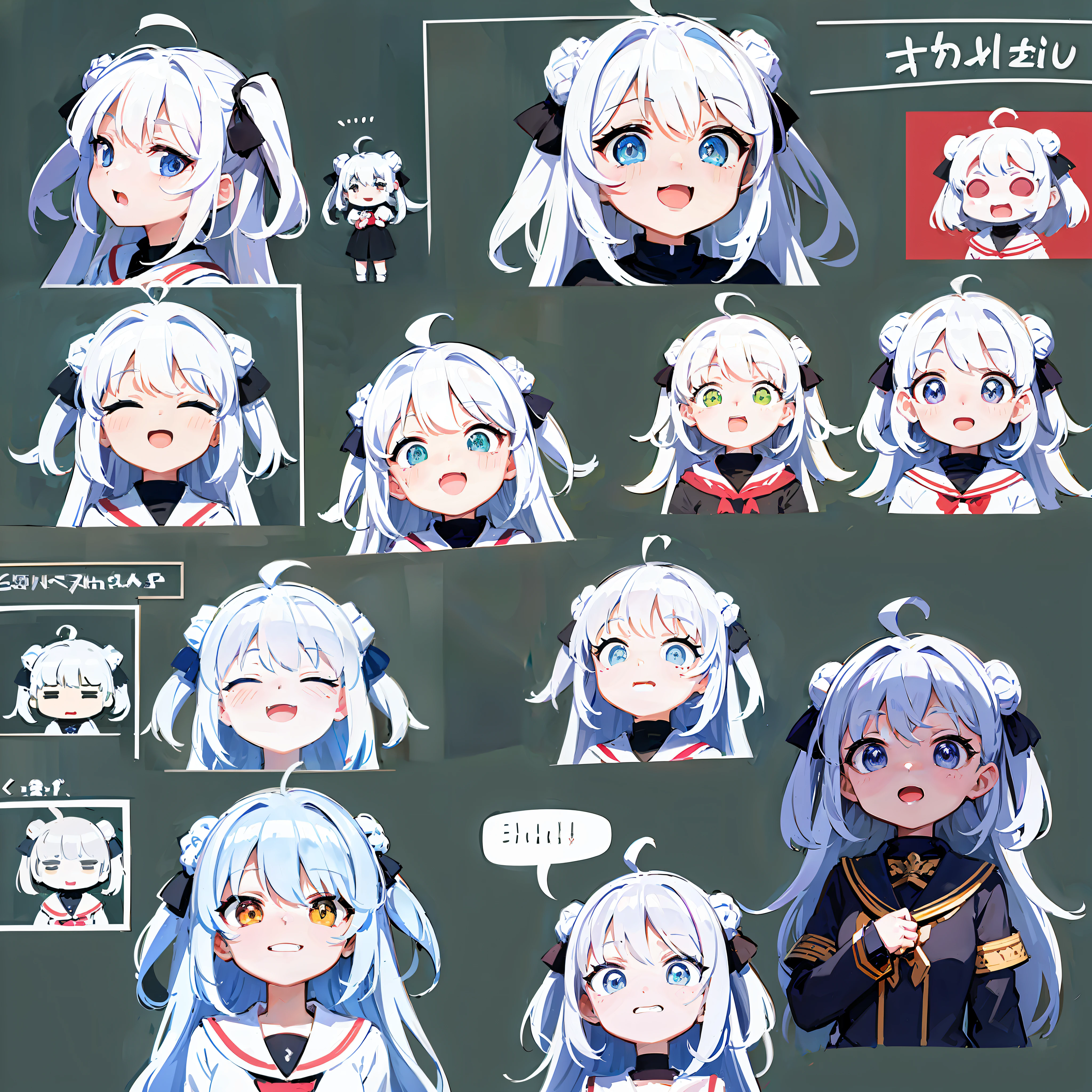 (masterpiece, top quality, best quality), create a comic page with sketch line, showing a cute white haired cat girl with different expression, like sad, happy, surprised, angry, curious, white background, sketch book, with manga line style, illustrations set, emoji as illustrations set, related character, upper body, variation of only one character