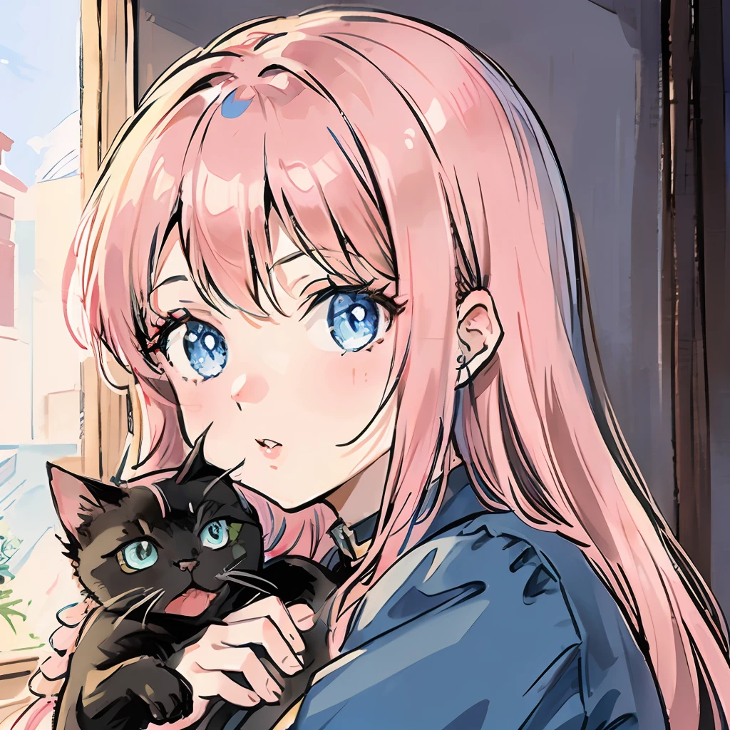 Girl with cat, black cat, pink hair blue eyes, avatar