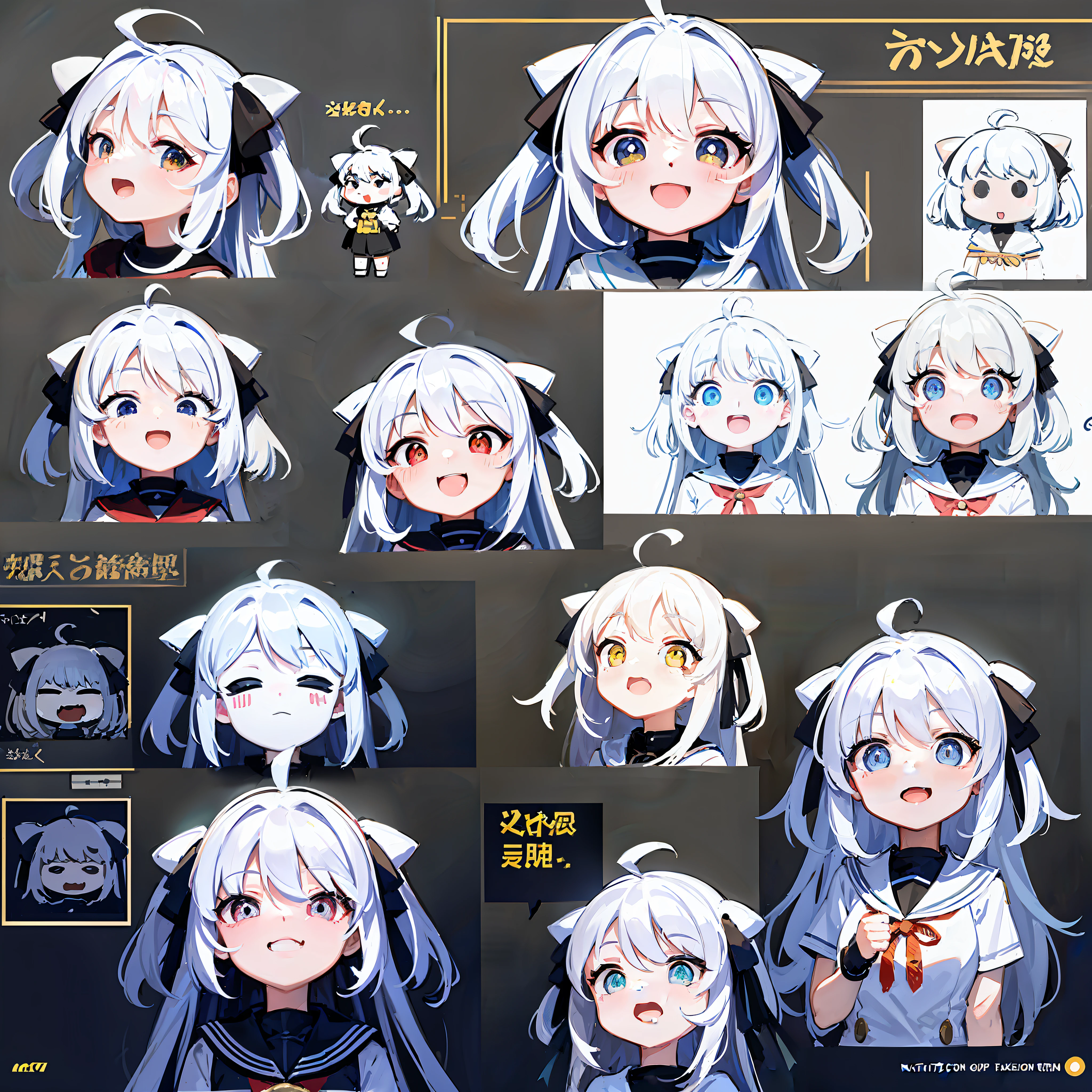 (masterpiece, top quality, best quality), create a comic page with sketch line, showing a cute white haired cat girl with different expression, like sad, happy, surprised, angry, curious, white background, sketch book, with manga line style, illustrations set, emoji as illustrations set, related character, upper body, variation of only one character