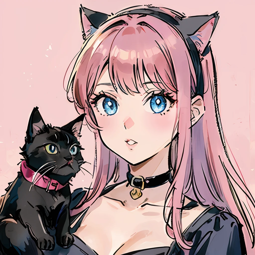 Girl with cat, black cat, pink hair blue eyes, avatar