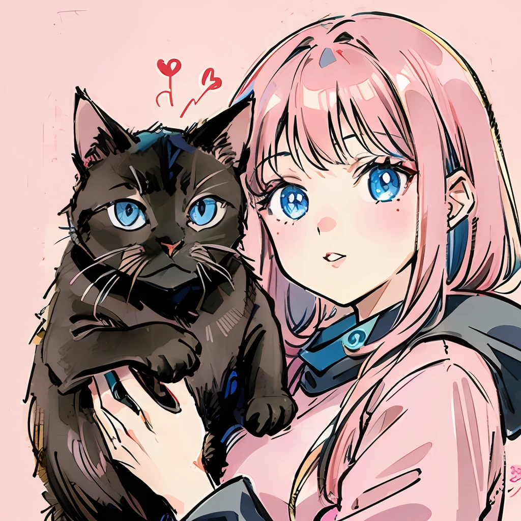 Girl with cat, black cat, pink hair blue eyes, avatar