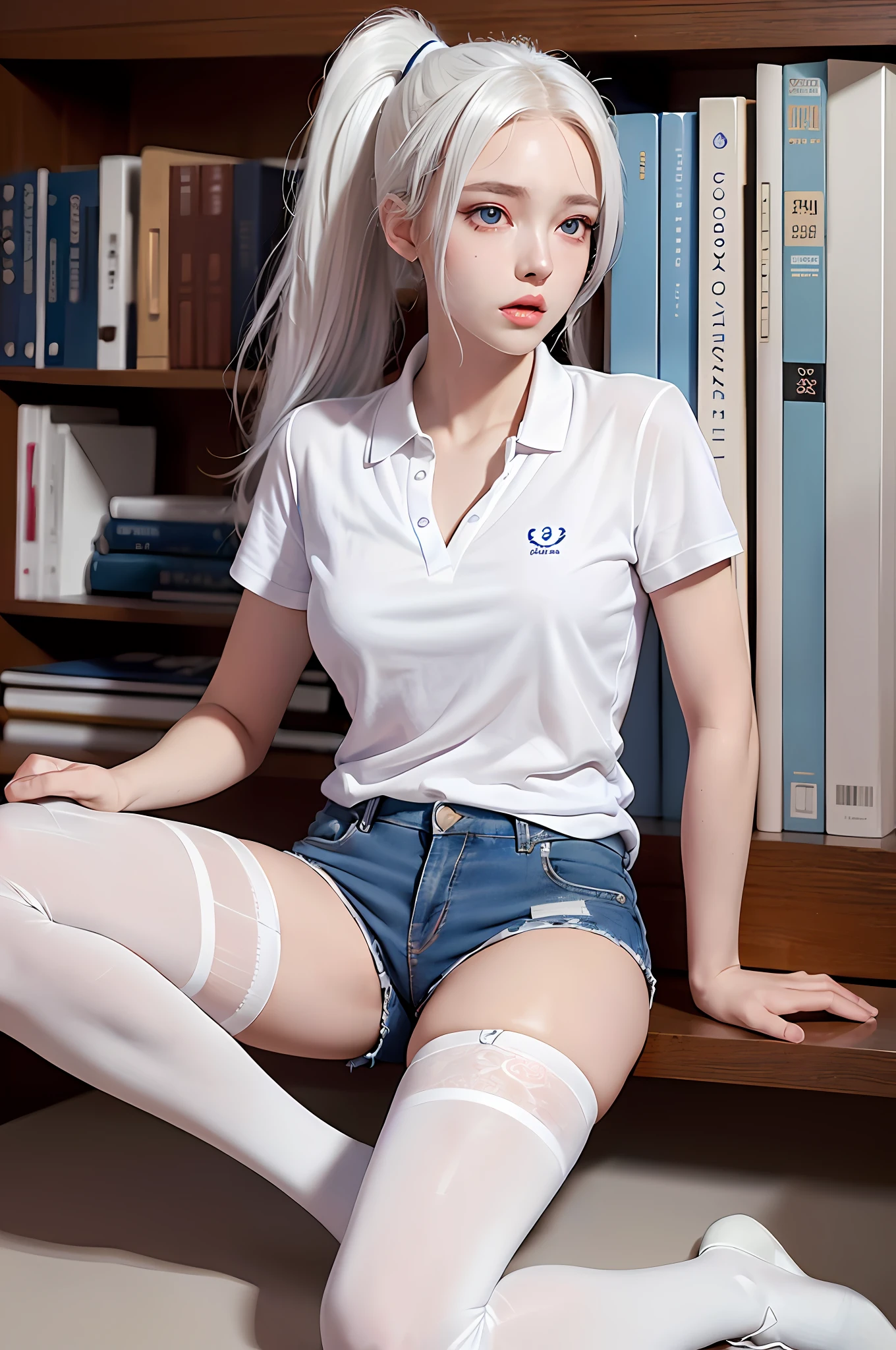 there is a woman sitting on a shelf with a bookcase in the background, tifa lockhart with white hair, perfect white haired girl, anime barbie in white stockings, anime girl cosplay, with long white hair, with white long hair, in white clothes, a hyperrealistic schoolgirl, seductive anime girl, white stockings, anime girl in real life