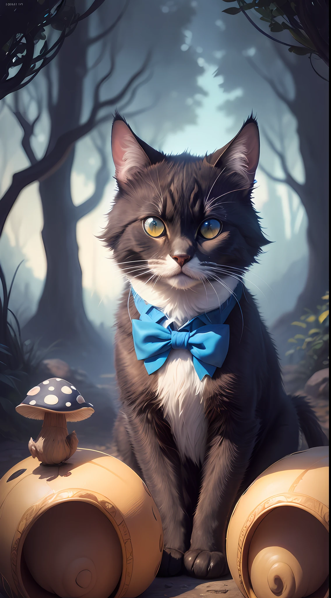 (Cinematic lighting, insane, stunning, dramatic),
Award-winning drawing of cute fluffy black cat in costume and bow tie (sitting:1.1) on magic toadstool in (enchanted mushroom forest:1.1) in (style-sylvamagic), (intricate details:1.2), beautiful eyes, sunlight, (high quality:1.2), fashionable on artstation, absurd, (close-up:1.1) (side:1.1),Cinematic lighting,spectacular lighting, relaxed facial expression, solo, shadows, close-up,depth of field in the distance,  photorealistic, real life, "Deep blue sky", "Bright colors", "Reduced highlight", "Polished reflections", "Rich landscapes", "Intricate details", "Macro portraits", "Textures close-up", "Macro landscapes", "Long exposures", "Silky sky", "Unearthly landscapes", "Dreamy portraits", (Style-Cat in a bow tie and tailcoat:1),Final Fantasy XVI, Canon EOS 6D Mark, IS...