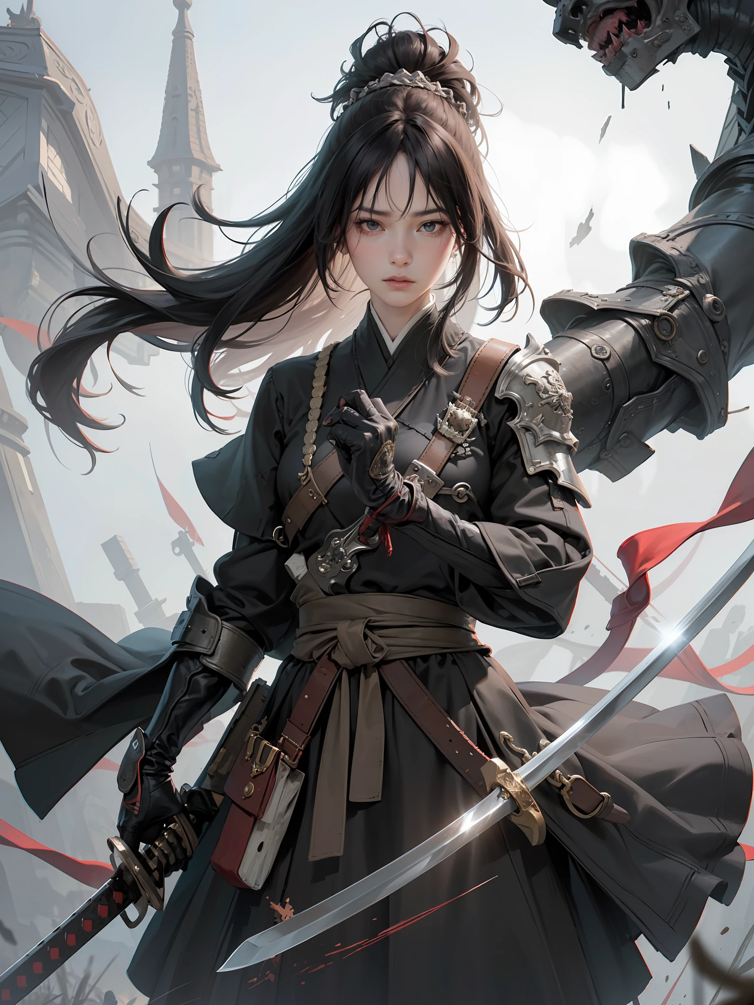 (RAW photo, 4k, realistic, exquisitely detailed skin), masterpiece, best quality, official art, unity 8k wallpaper, ultra detailed,(dark scene,low key,soft lighting), cinematic look,high saturation,best anatomy,volumetric fog, a samurai girl, slim body, cowboy shot, 1girl,weapon,sword,long hair,black hair,holding,solo,holding weapon,blood,holding sword,arm guards,simple background,blood on weapon,looking at viewer,black eyes,tabi,floating hair,