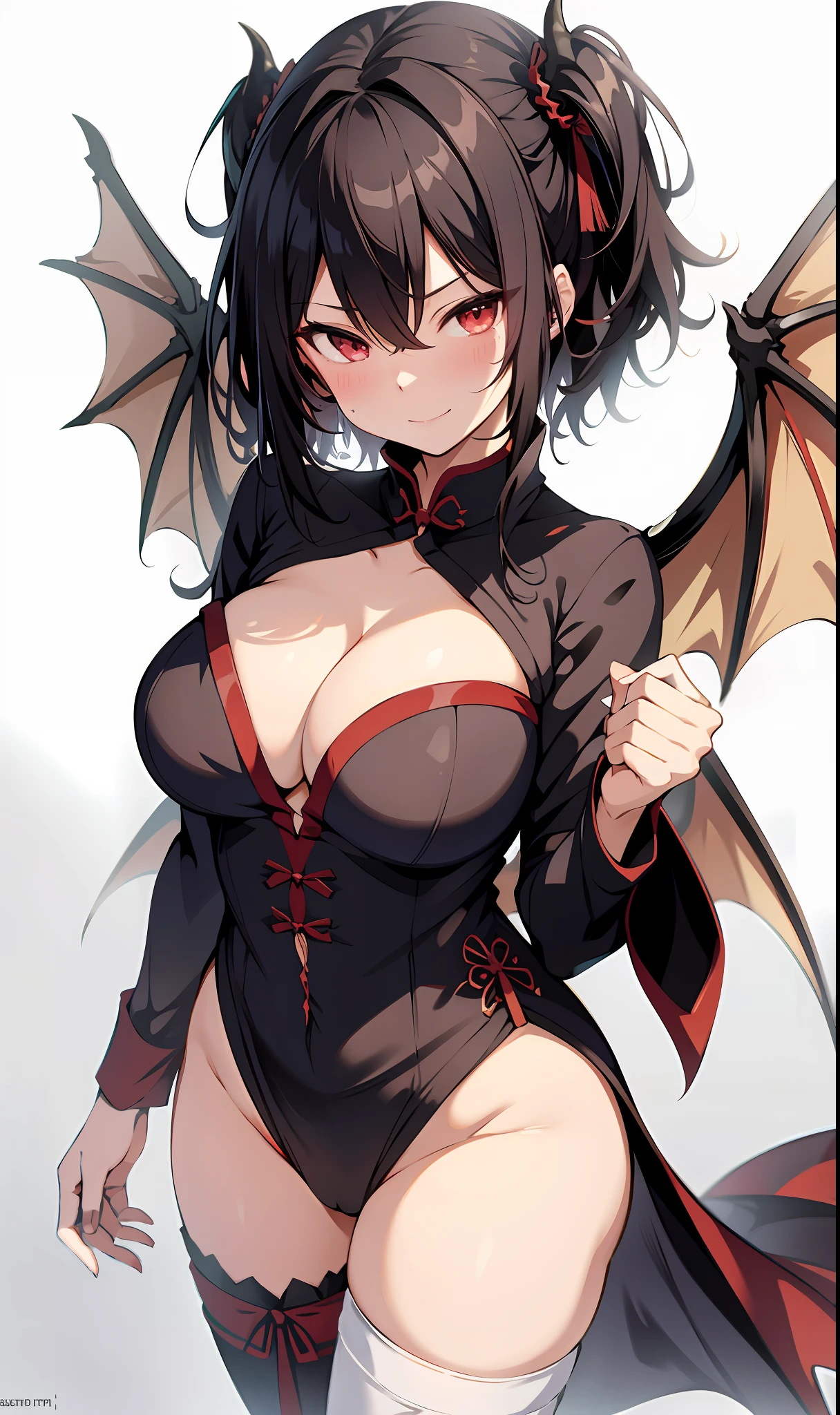 Yandere face, yandere smirk, psychopathic smile, psychopathic smirk, dragon wings, yandere, full body, flying, big breasts, cleavage, Chinese dress, large breasts, focus on cleavage, holding breasts, lifting breasts
