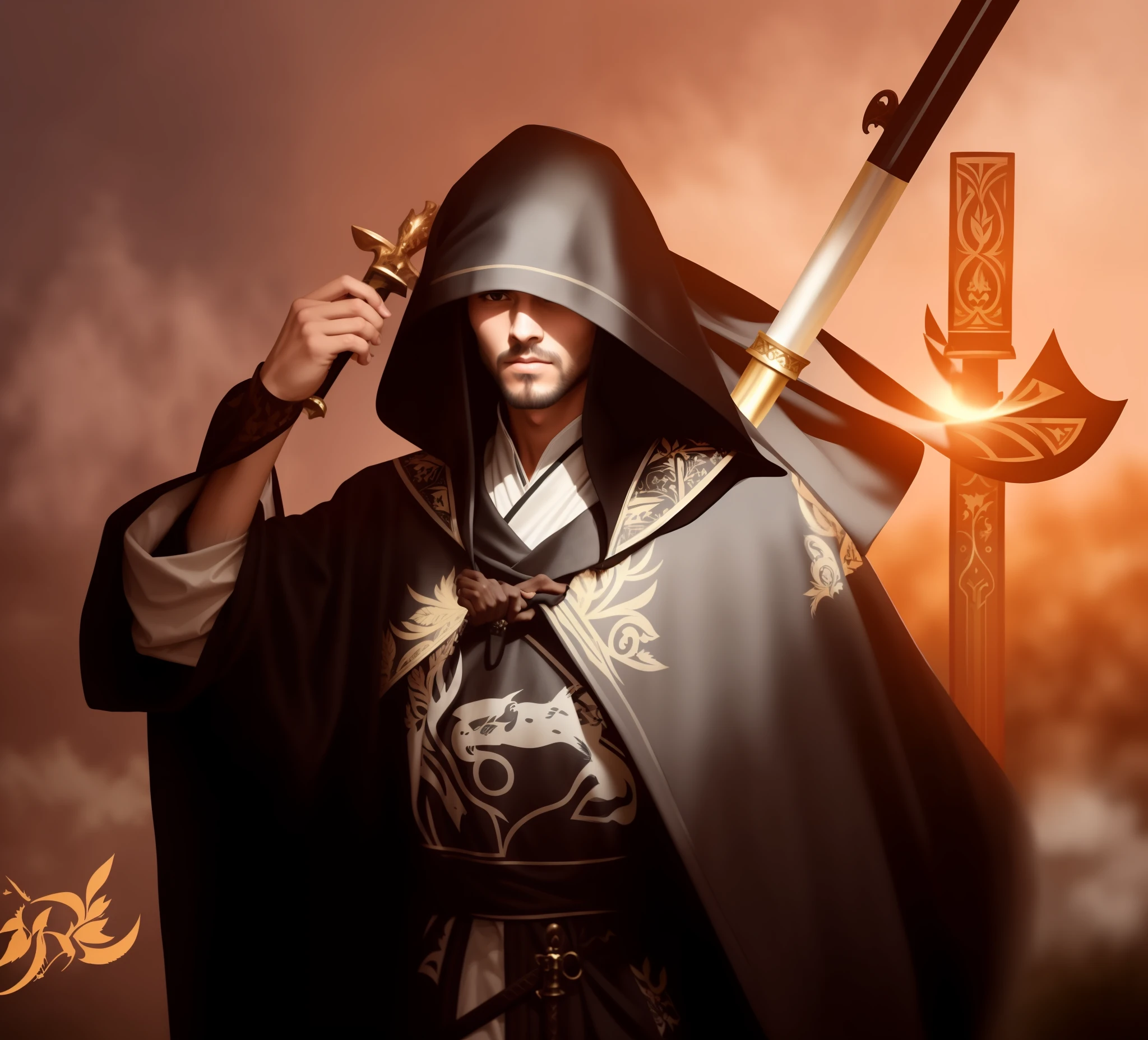 A man in a black robe, carrying a sword on his back, with an animal deer pattern painted on his clothes