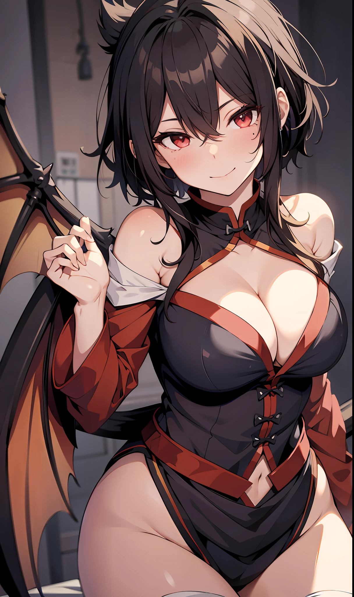 Yandere face, yandere smirk, psychopathic smile, psychopathic smirk, dragon wings, yandere, full body, flying, big breasts, cleavage, Chinese dress, large breasts, focus on cleavage, holding breasts, lifting breasts