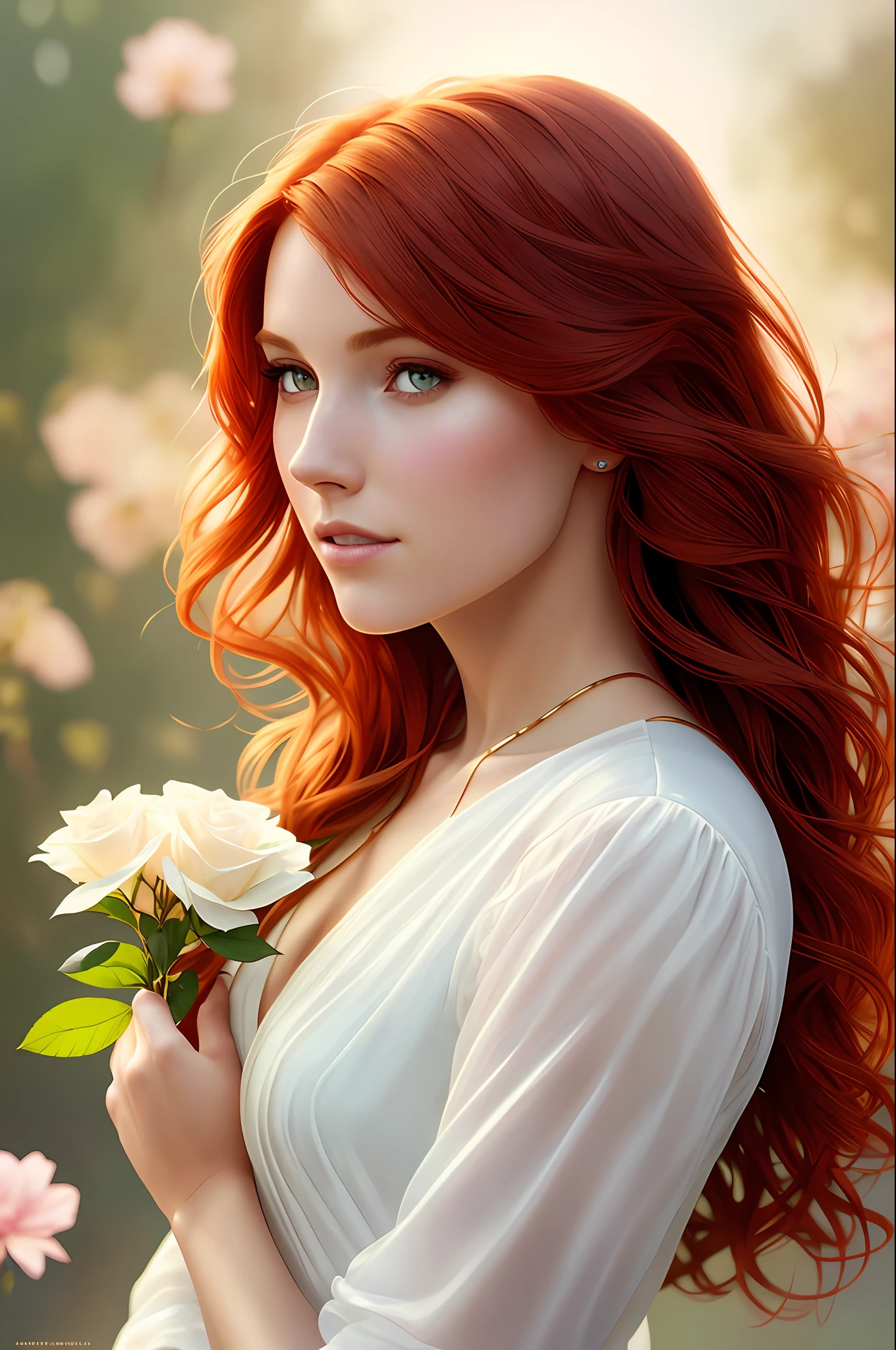 redhead Woman smelling a flower, roses everywhere, (amazing body:1.3), posing, highly detailed, concept art, smooth, sharp focus,  art by artgerm and greg rutkowski and alphonse mucha, (natural skin texture, hyperrealism, soft light, sharp:1.2), a hyperrealistic painting, golden hour, white dress, (a hologram:1.2)