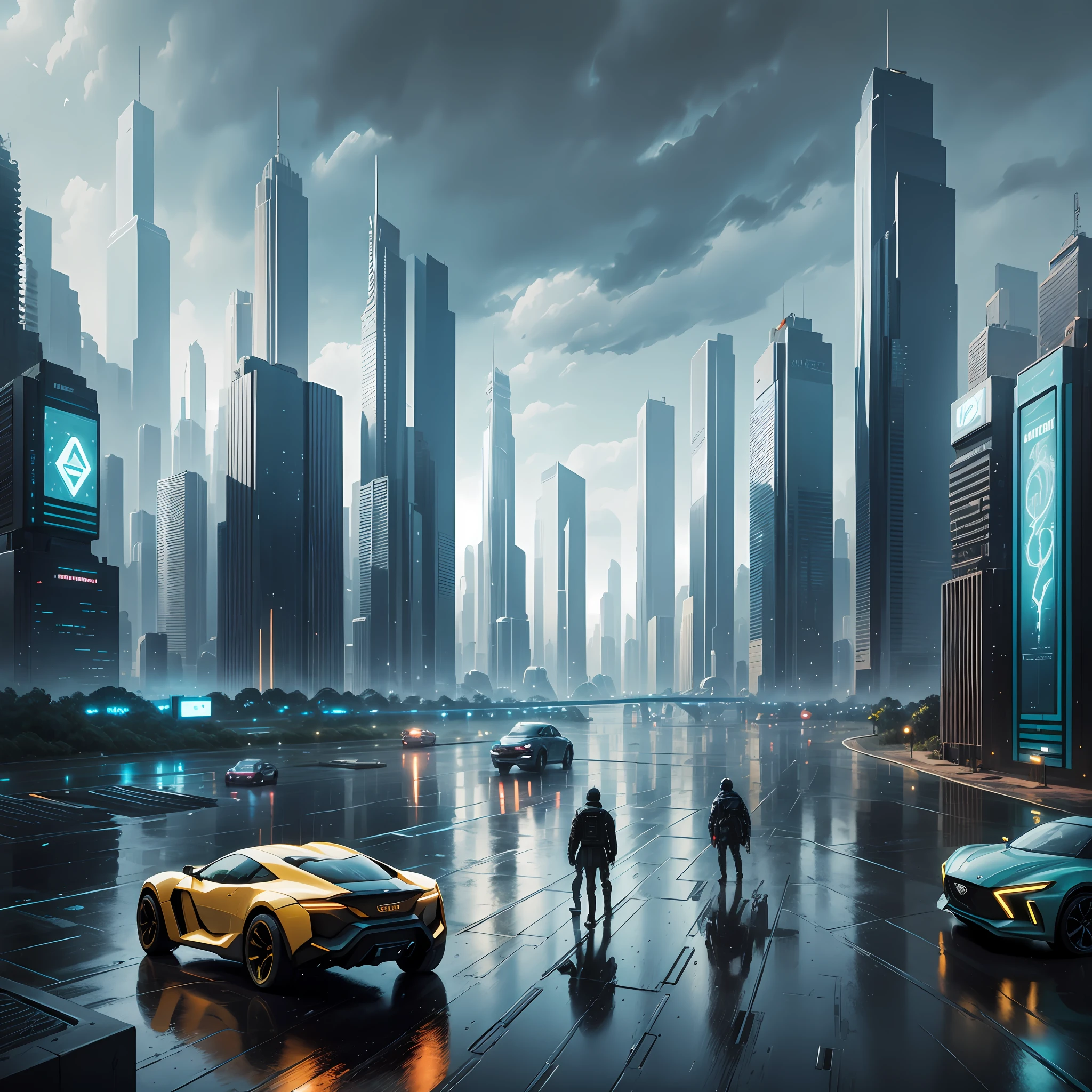 futuristic environment with people using unusual vehicles and a little rain --auto --s2