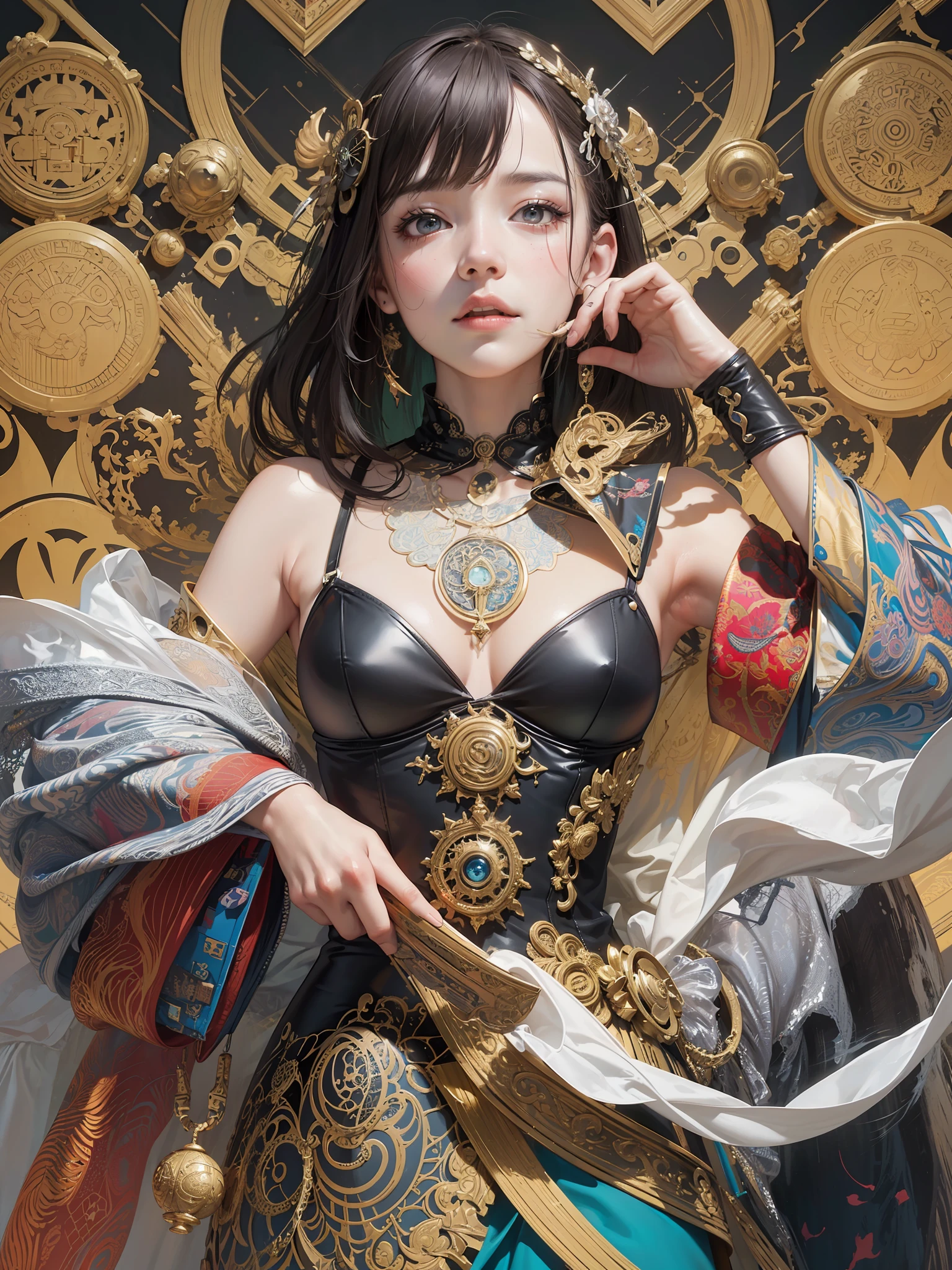 official art, unity 8k wallpaper, ultra detailed, beautiful and aesthetic, masterpiece, best quality, (zentangle, mandala, tangle, entangle), (fractal art:1.3) , 1girl, extremely detailed, dynamic angle, cowboyshot, the most beautiful form of chaos, elegant, a brutalist designed, vivid colours, romanticism, by james jean, roby dwi antono, ross tran, francis bacon, michal mraz, adrian ghenie, petra cortright, gerhard richter, takato yamamoto, ashley wood, atmospheric, ecstasy of musical notes, streaming musical notes visible