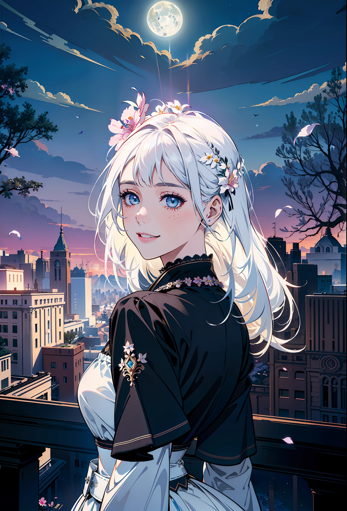 masterpiece, best quality,
1girl, (colorful),(finely detailed beautiful eyes and detailed face),cinematic lighting,bust shot,extremely detailed CG unity 8k wallpaper,white hair,solo,smile,intricate skirt,((flying petal)),(Flowery meadow)
sky, cloudy_sky, building, moonlight, moon, night, (dark theme:1.3), light, fantasy,