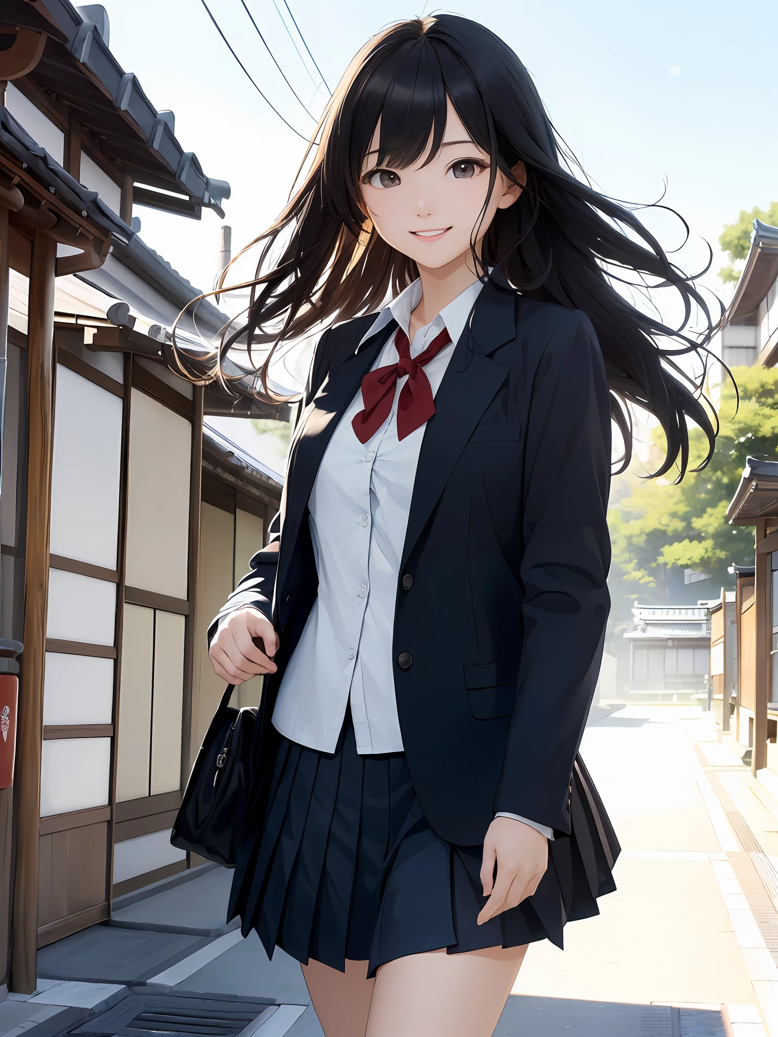 (((Masterpiece, Best Quality, High Definition, High Detail)))), ((Modern Japan)), Alone, (Walking Schoolgirl)), Big, Long Black Hair, Blazer, Blouse, Pleated Skirt, Blue Sky, (Strong Wind), Smile