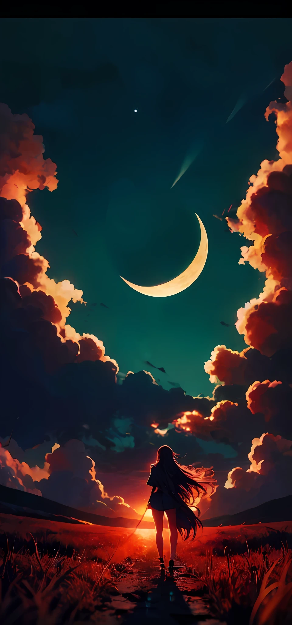 anime style painting of a completely nude woman with very long hair, walking in a field with a star in the sky, calm night, view from below, focused from woman butt to the moon, digital illustration, jen bartel, background artwork, 4 k hd illustrative wallpaper, anime background art, detailed sky, background art, low detailed. digital painting, detailed digital painting, anime art wallpaper 4 k, anime art wallpaper 4k, anime background, glowing clouds