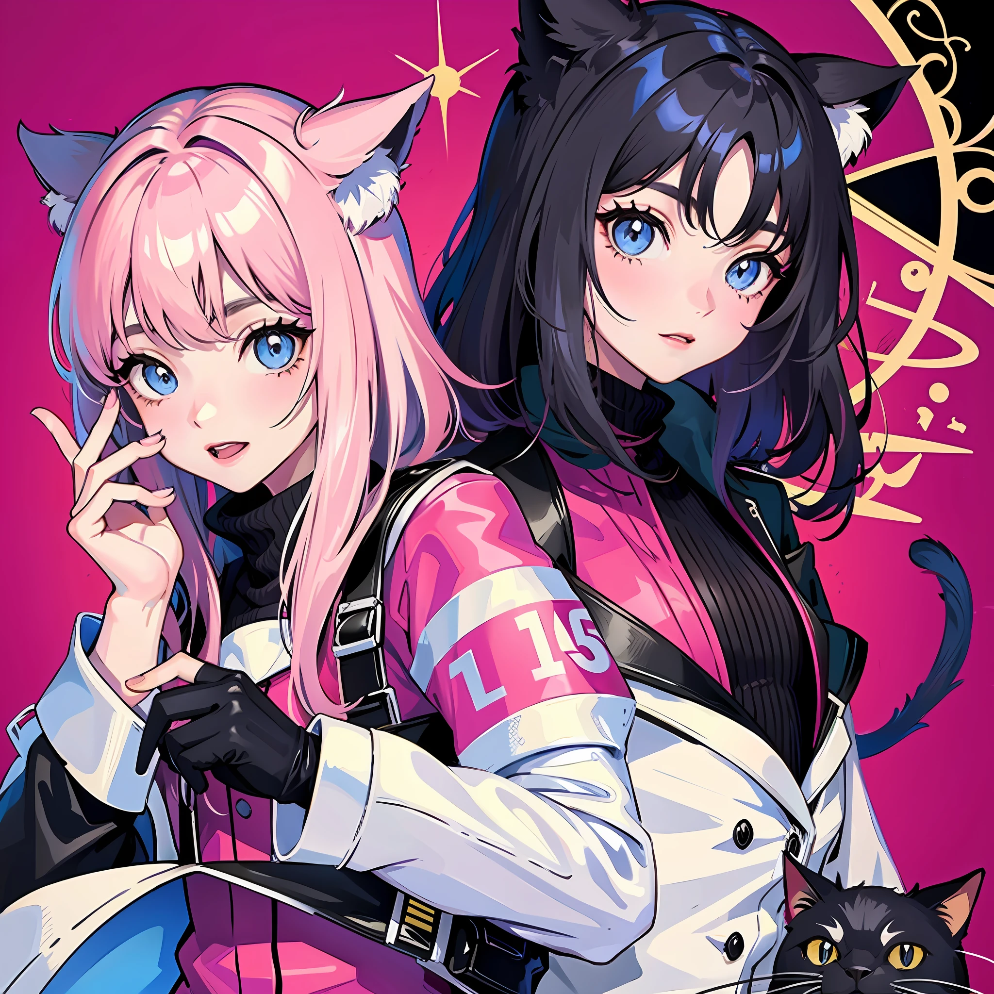 Girl with cat, black cat, pink hair blue eyes, avatar