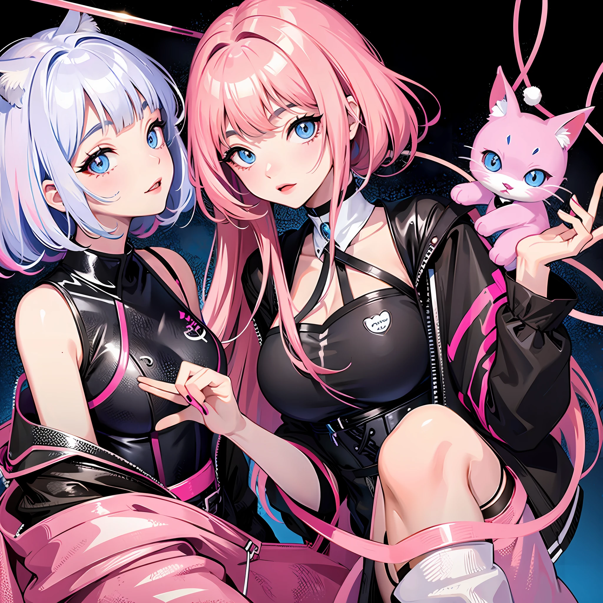 Girl with cat, black cat, pink hair blue eyes, avatar
