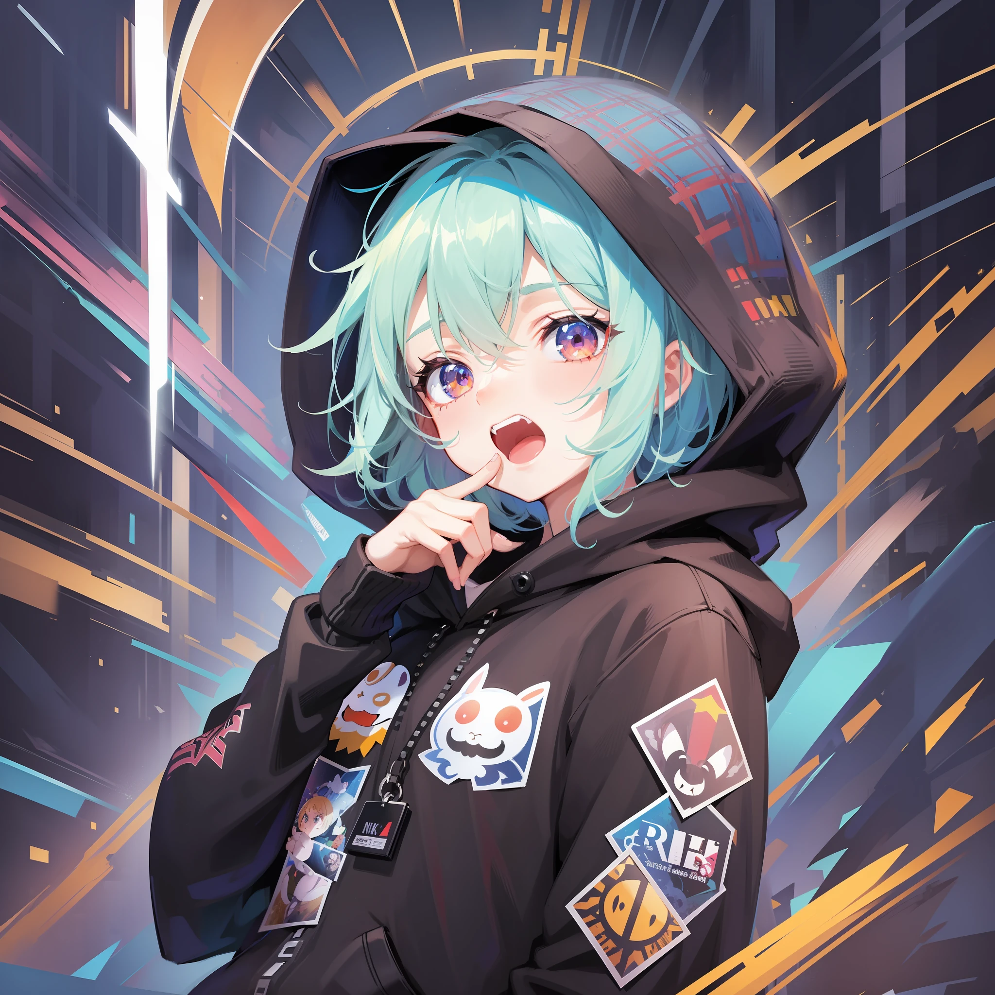 Boy in hoodie, index finger to mouth, facing camera, upper body, rabbit sticker, key anime art, digital art on projectile break, anime art wallpaper 8K, anime style 4K, badass anime 8K