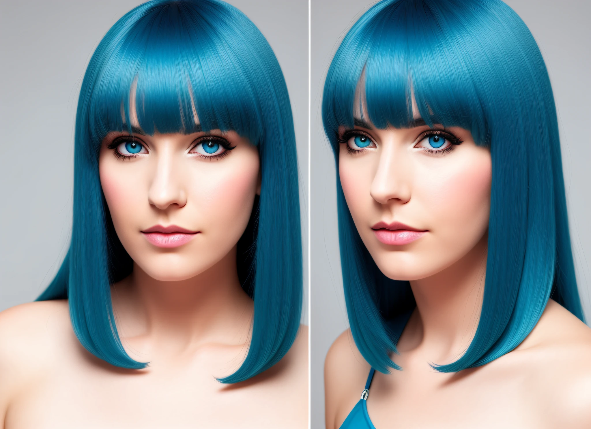 blunt bangs, raised eyebrows, sparkling eyes, light blue hair, tachi-e, three sided view, high detail, stereogram, UHD, UHD, UHD