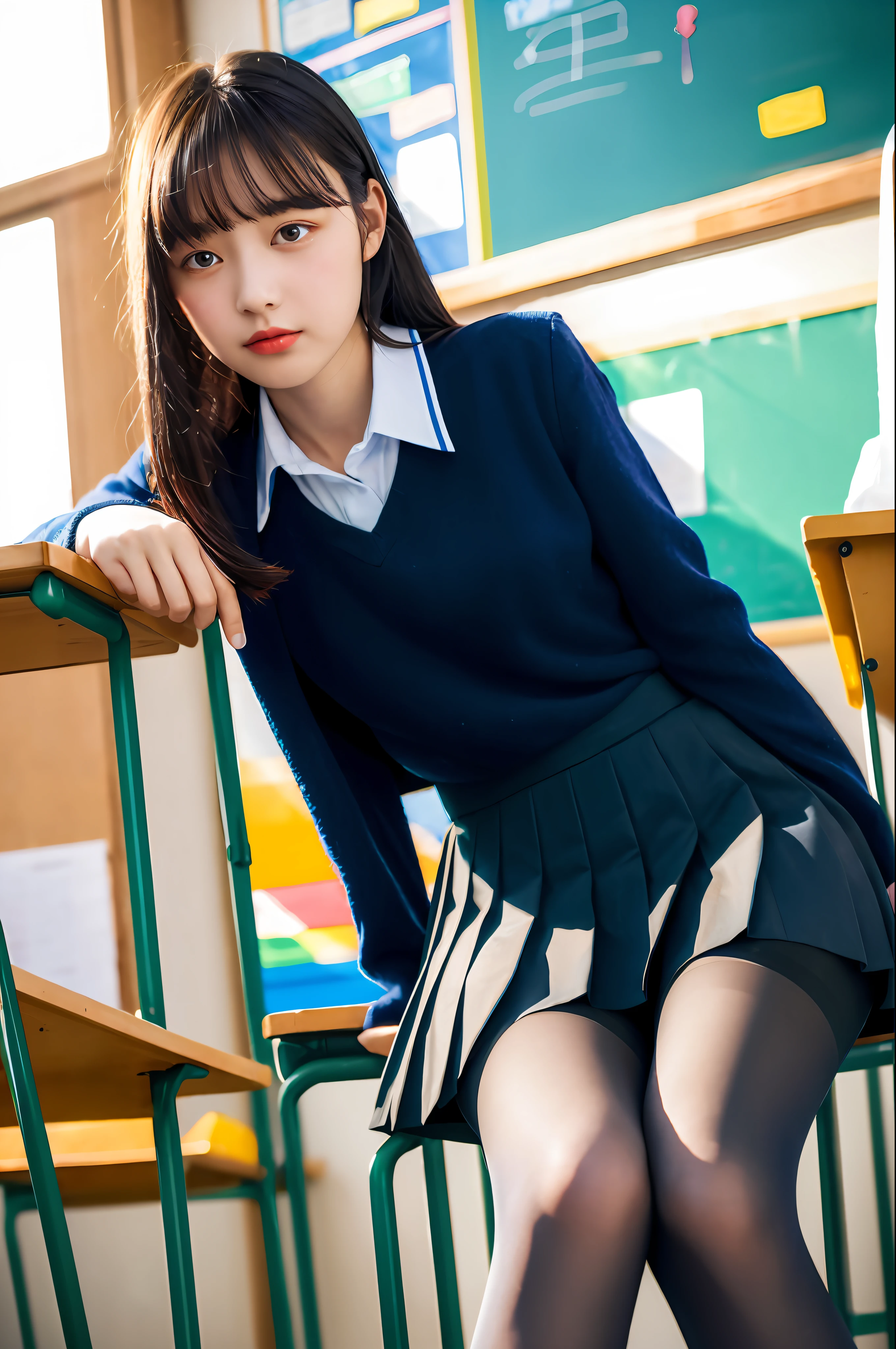 masterpiece, top quality, ultra high definition, colorful, flat color, depth of field, lens flare
1 girl, sitting, black hair, watching viewer, school, classroom, pleated mini skirt, school uniform, seravuk, black pantyhose, detailed touch, detailed fabric texture, beautiful detailed face,