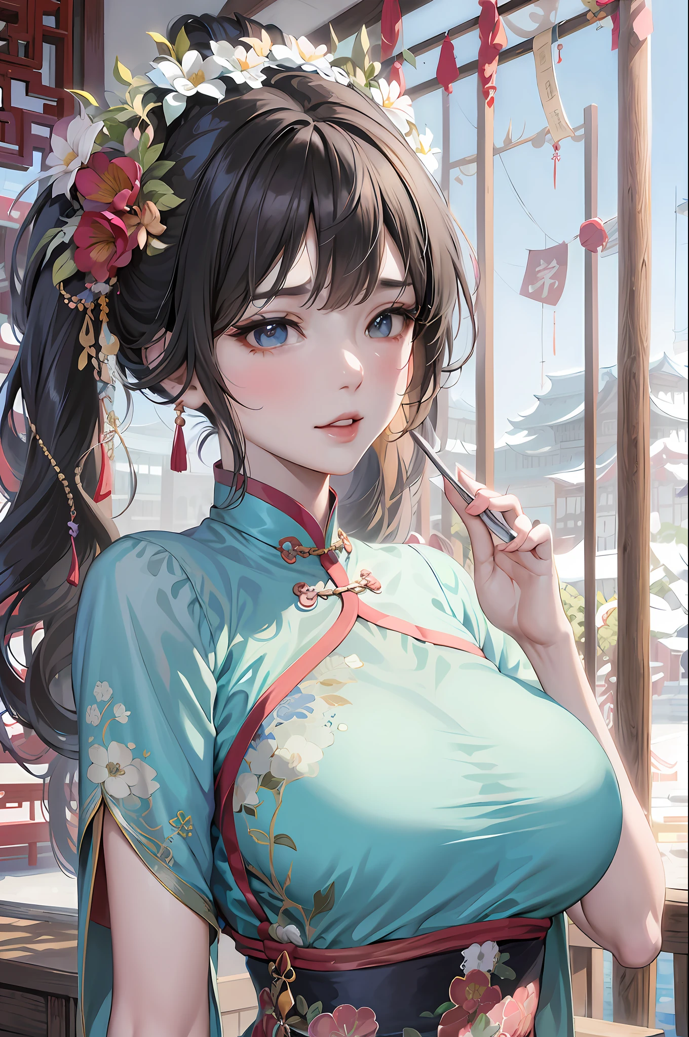 anime girl with a flowered headpiece and a blue dress, artwork in the style of guweiz, palace , a girl in hanfu, guweiz, extremely detailed artgerm, seductive anime girl, detailed digital anime art, guweiz on pixiv artstation, trending on cgstation, digital anime illustration, beautiful anime girl, beautiful anime portrait