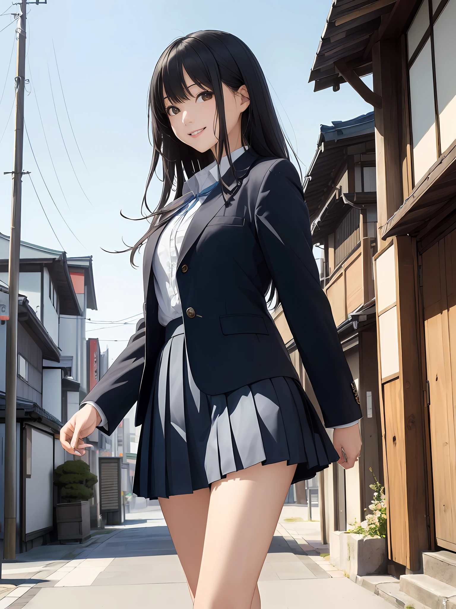 (((Masterpiece, Best Quality, High Definition, High Detail)))), ((Modern Japan)), Alone, ((Walking Schoolgirl)), (Big)))), Long Black Hair, Blazer, Blouse, Pleated Skirt, Blue Sky, (Strong Wind), Smile