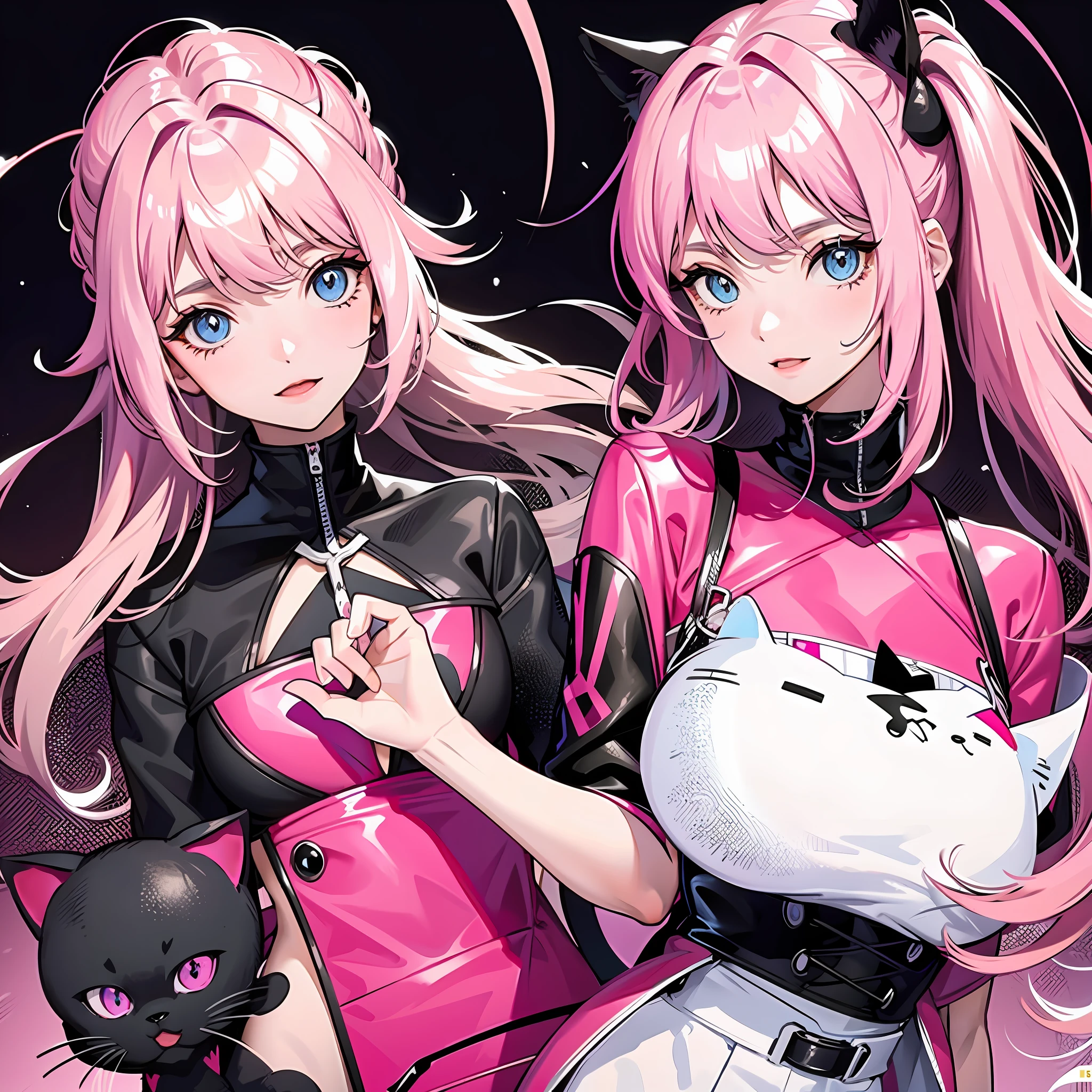 Girl with cat, black cat, pink hair blue eyes, avatar