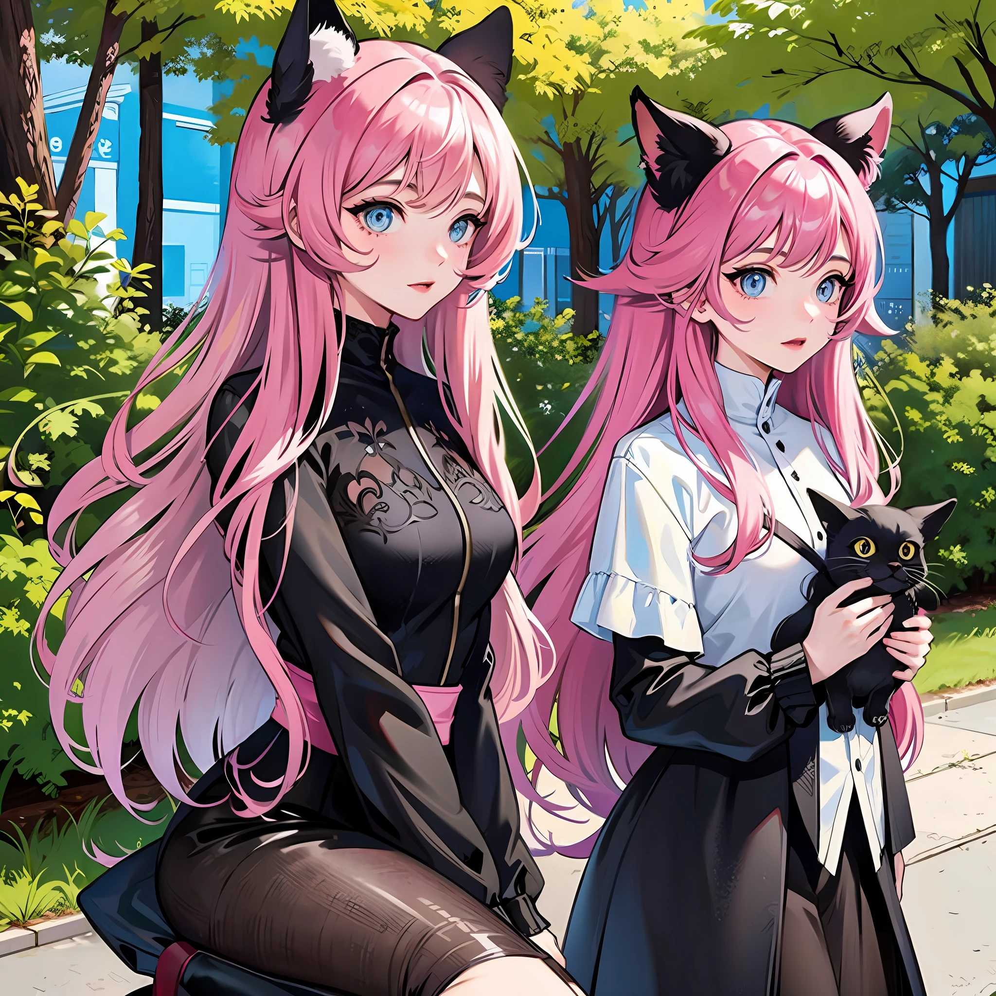 Girl with cat, black cat, pink hair blue eyes, avatar