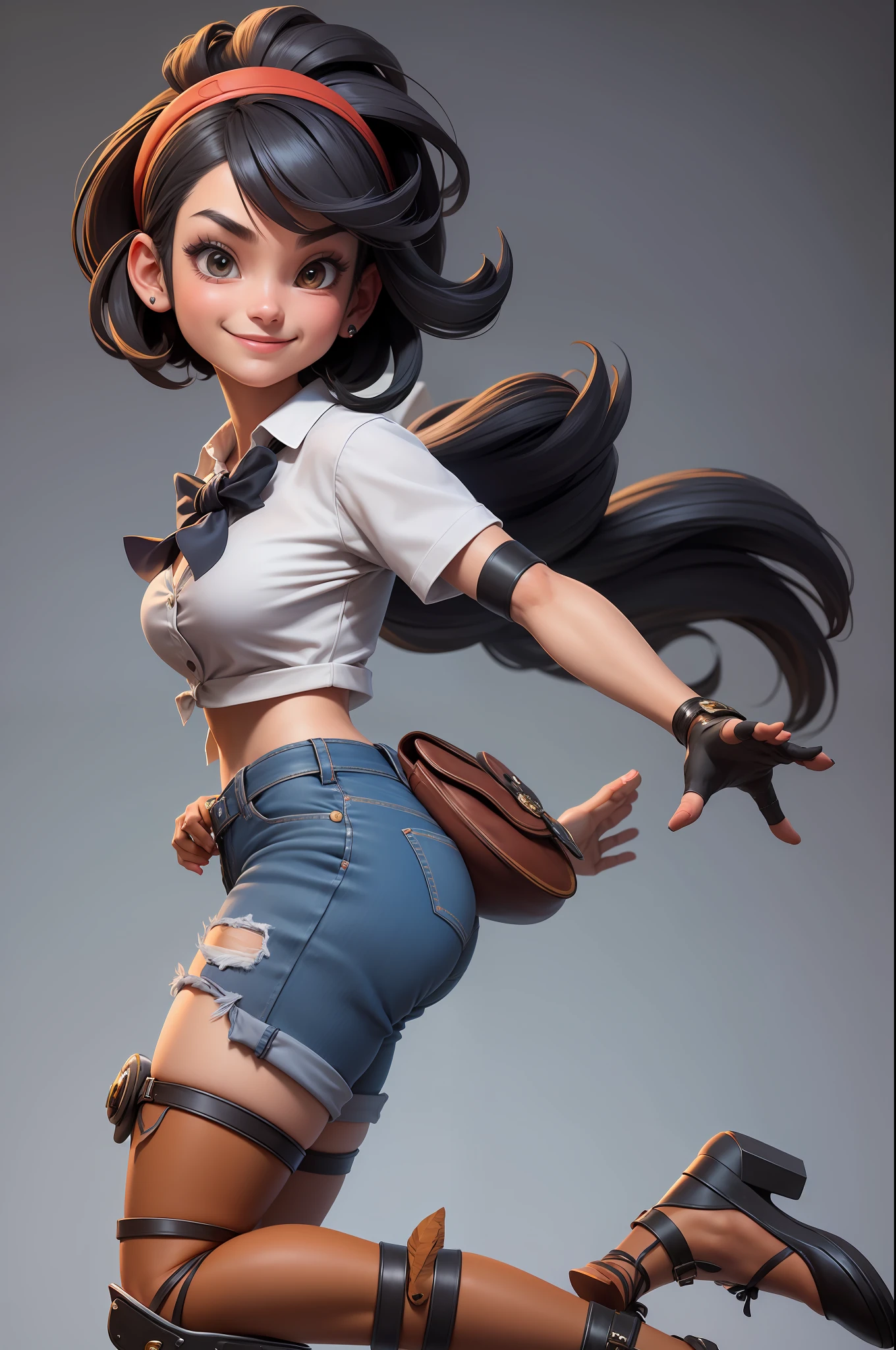 3dmm style, (masterpiece, best quality), intricate details, 1girl, solo, bea\(pokemon\), bow hair band, printed shirt, tied shirt, jeans, single glove, knee pads, barefoot, cowboy shot, front, red clothing, black hair, smiling wide shot, long shot, wearing high heels on feet, arms and feathers stretched, heroic pose, tie, bow, perfect hands, 5 fingers hands