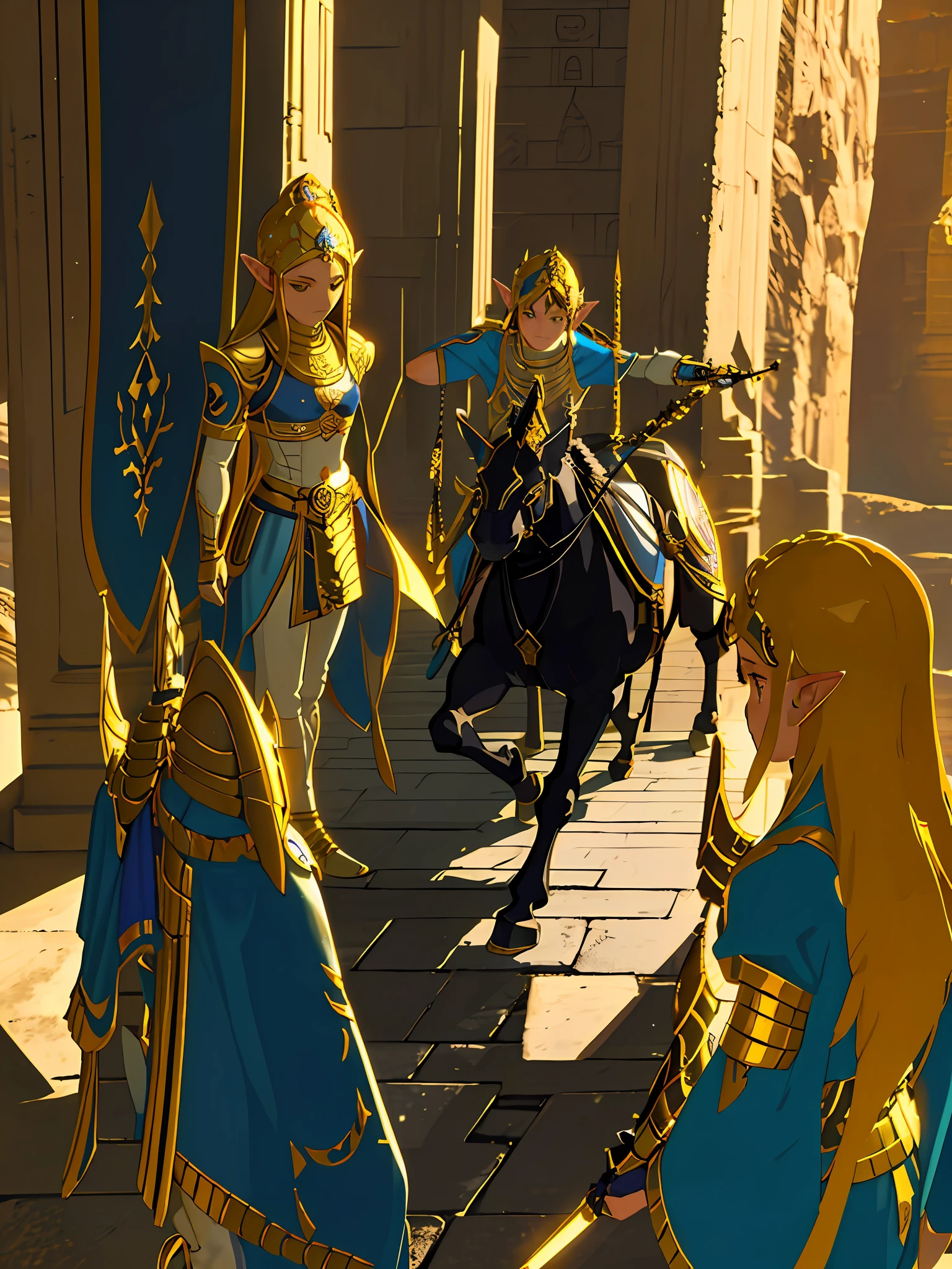 1 boy, a young elf paladin, fully dressed in golden armor, fighting posture with sword and shield, in an Egyptian temple, D&amp;D, masterpiece, best quality, high contrast, soft lighting, backlighting, blooming, light glows, chromatic aberration, smooth, sharp focus