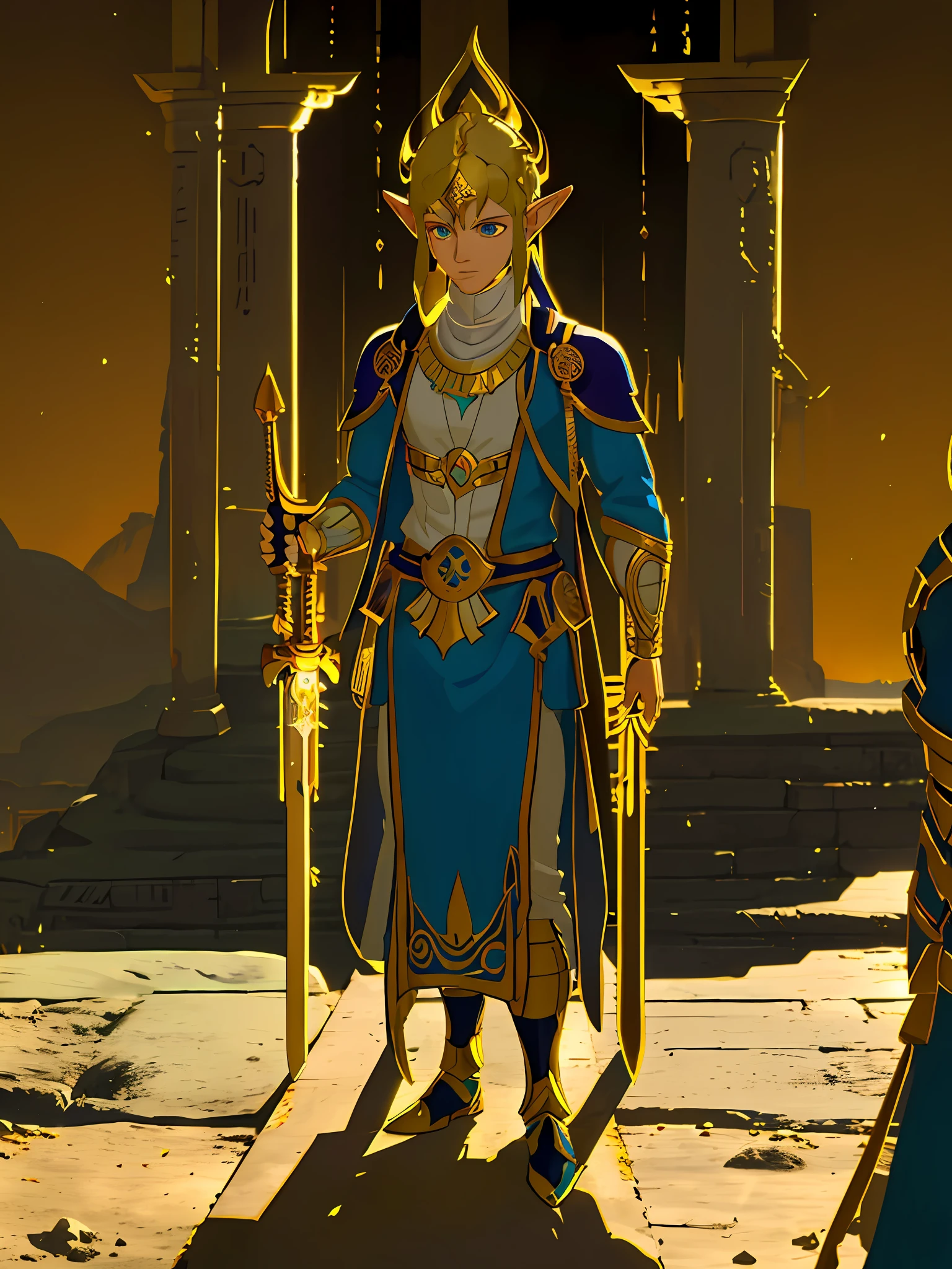 1 boy, a young elf paladin, fully dressed in golden armor, fighting posture with sword and shield, in an Egyptian temple, D&amp;D, masterpiece, best quality, high contrast, soft lighting, backlighting, blooming, light glows, chromatic aberration, smooth, sharp focus