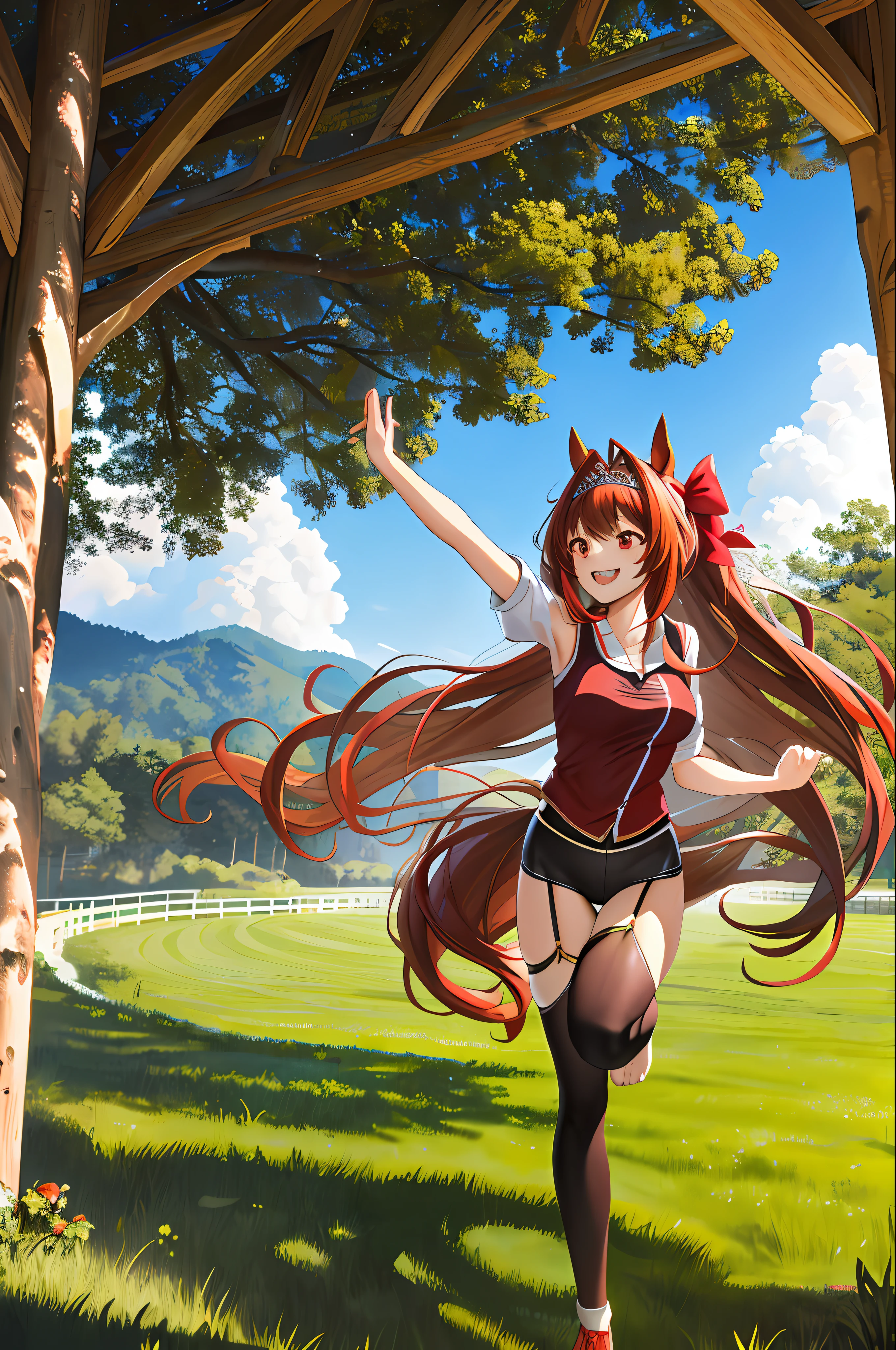 Masterpiece, Top Quality, Hi-Res, 1girl, Daiwa Scarlet, Horse Ears, Long-haired, Twin-tailed, Tiara, Horsetail, Very Long Hair, Brown Hair, , Garter Strap, Fangs, Red Eyes, , Bangs, Yoga Clothes, Hair Bow, (Running: 1.3), Field, Outdoors, Smile,