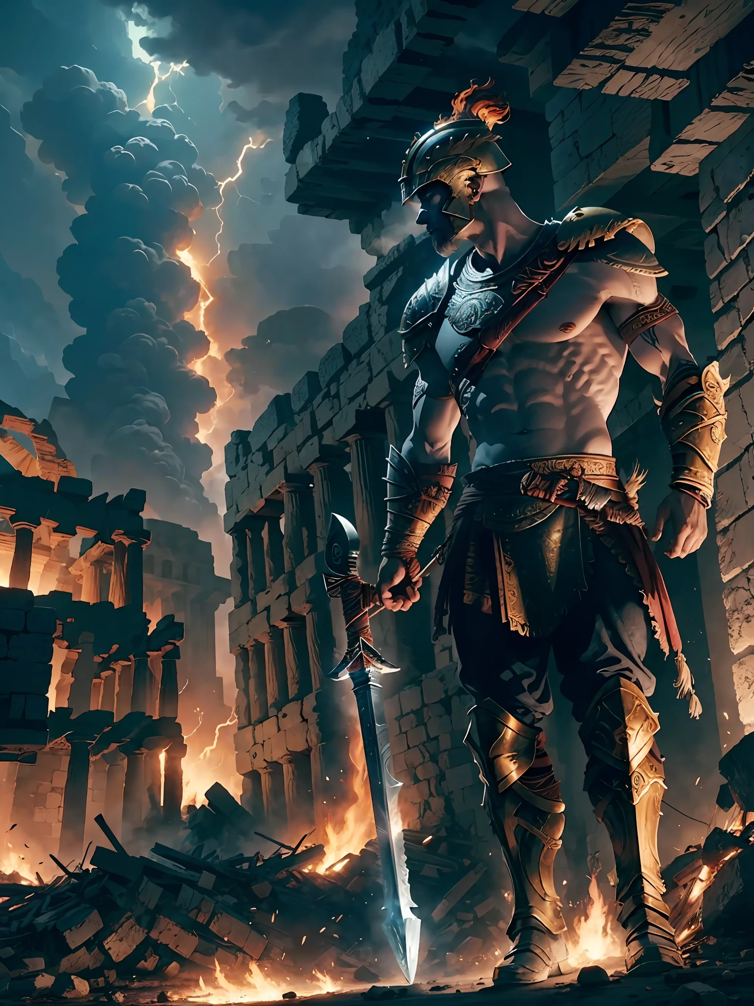 ((God of war:1.2, greek mythology:1.1, epic, dramatic, cinematic)), (best quality:1.3),(masterpiece:1.15), best CG quality, ultra-detailed, detailed face, buff body, dark, dynamic angle, dramatic composition, (1 powerful warrior:1.3), (golden armor, helmet, shield:1.3), (flaming sword:1.2), battlefield/city in ruins, (fire:1.2/night sky:0.8), smoke/dust/ashes, lightning, (ferocious beasts:1.2), ancient ruins in the background.