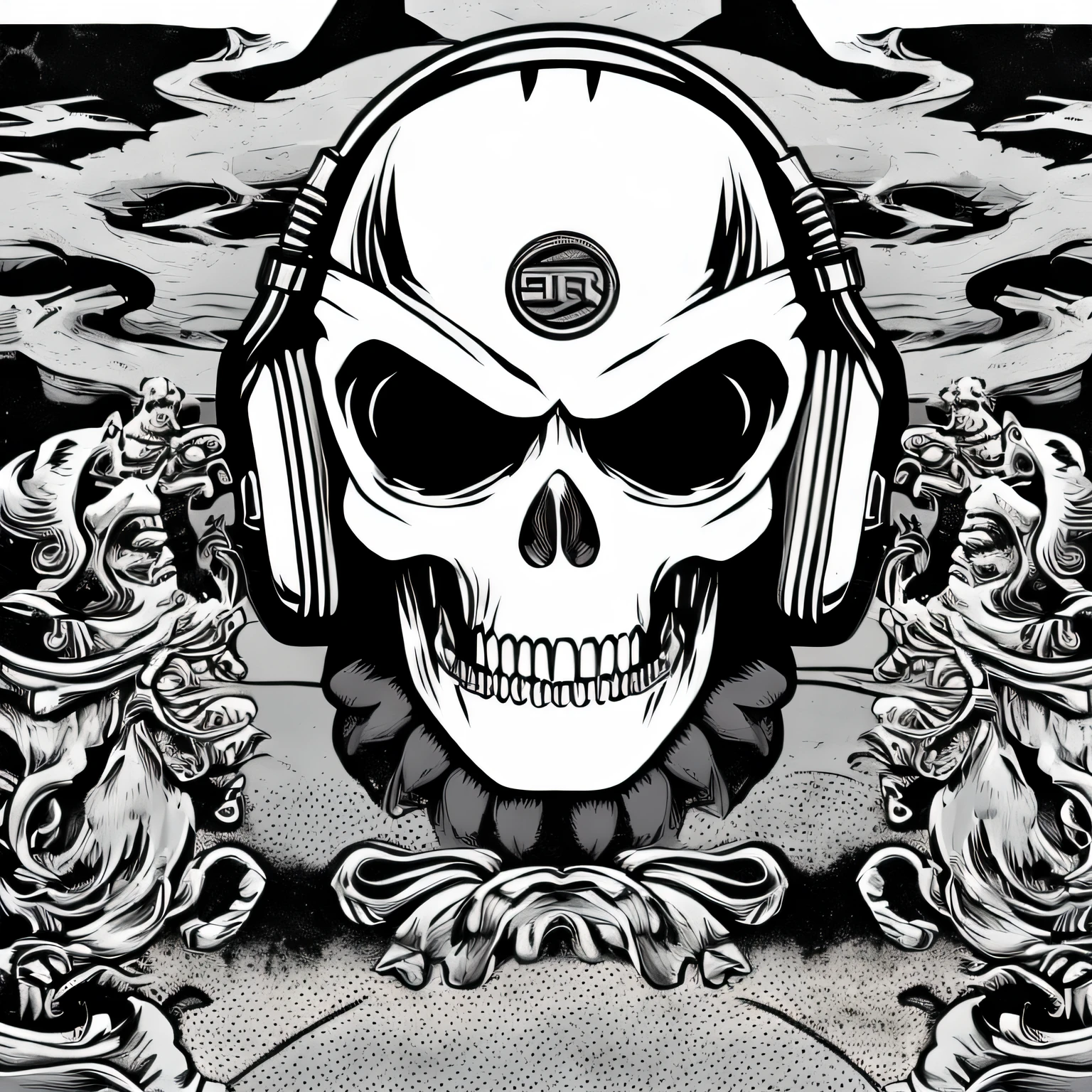 gray alien head, ultra detailed, detailed face, headphones, pyramid throne with wild spirits, war environment, character portrait, engraving, sticker tshirt design