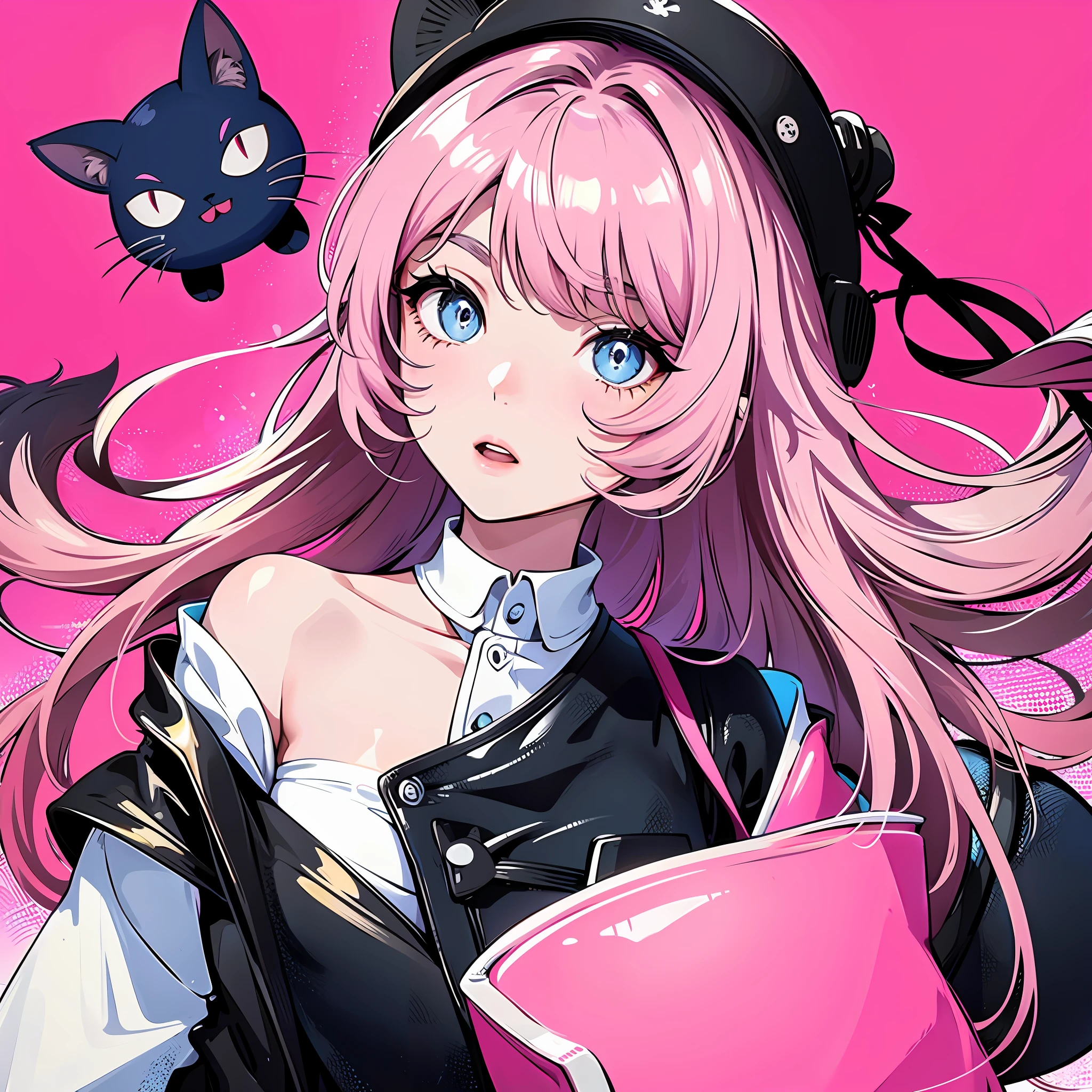 Girl with cat, black cat, pink hair and blue eyes, avatar, a person