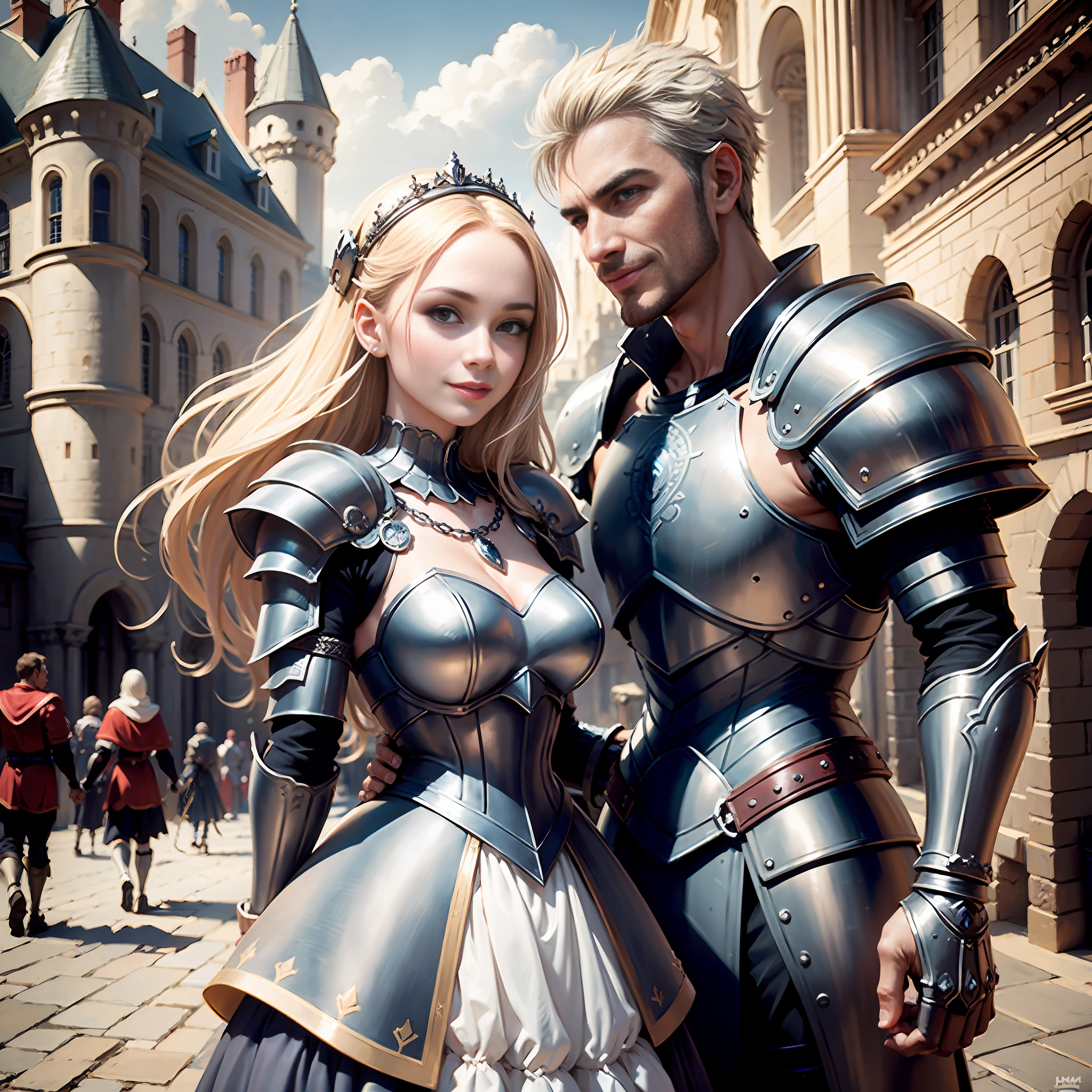 (((Medium shot))), couple, (a man and a woman), two individuals, outside the castle, jousting, playful, playful, sweet, happy, smile, armor, chain mail, armor, happy, pretty eyes, playful, surrealism, pov, romanticism, cinematic lighting, 8K, UHD, masterpiece, ccurate, anatomically correct, textured skin, high detail, high quality, high resolution, award-winning, best quality, 16K, bad body, bad hands, bad legs.