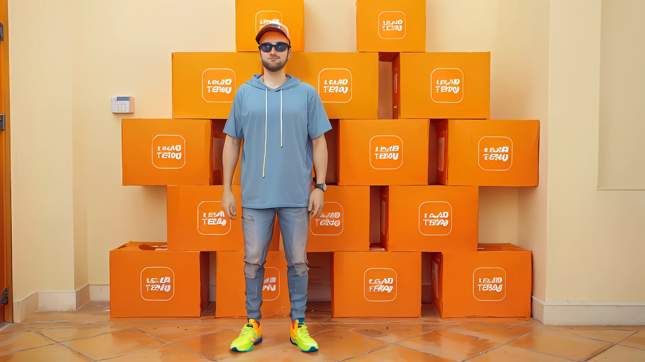 arafed man standing in front of a stack of orange boxes, blippi, in front of an orange background, h3h3, new balance pop up store, sao paulo, ben mauro, linus from linustechtips, full body photo of steve, wearing nike air mags, in sao paulo, heron preston, teddy fresh, sneaker made out of lego