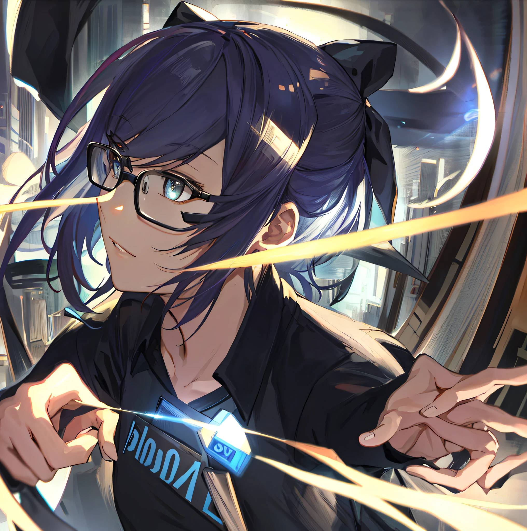 2d, masterpiece, best quality, anime, highly detailed face, highly detailed eyes, highly detailed background, perfect lighting, full body, 1girl, solo, a-chan, black shirt, logo, id card, glasses,