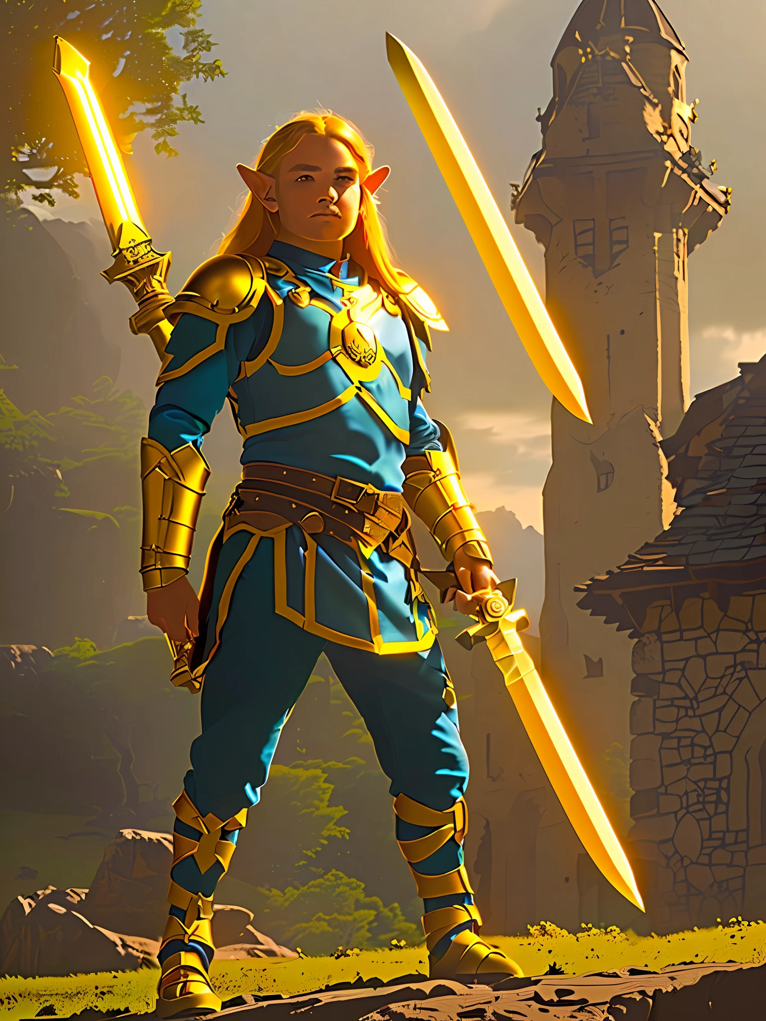 1 boy, a young elf paladin, long blonde hair, fully dressed in golden armor without helmet, fighting posture with sword and shield, in a fantasy village, D&amp;D, masterpiece, best quality, high contrast, soft lighting, backlighting, bloom, light glows, chromatic aberration, smooth, sharp focus