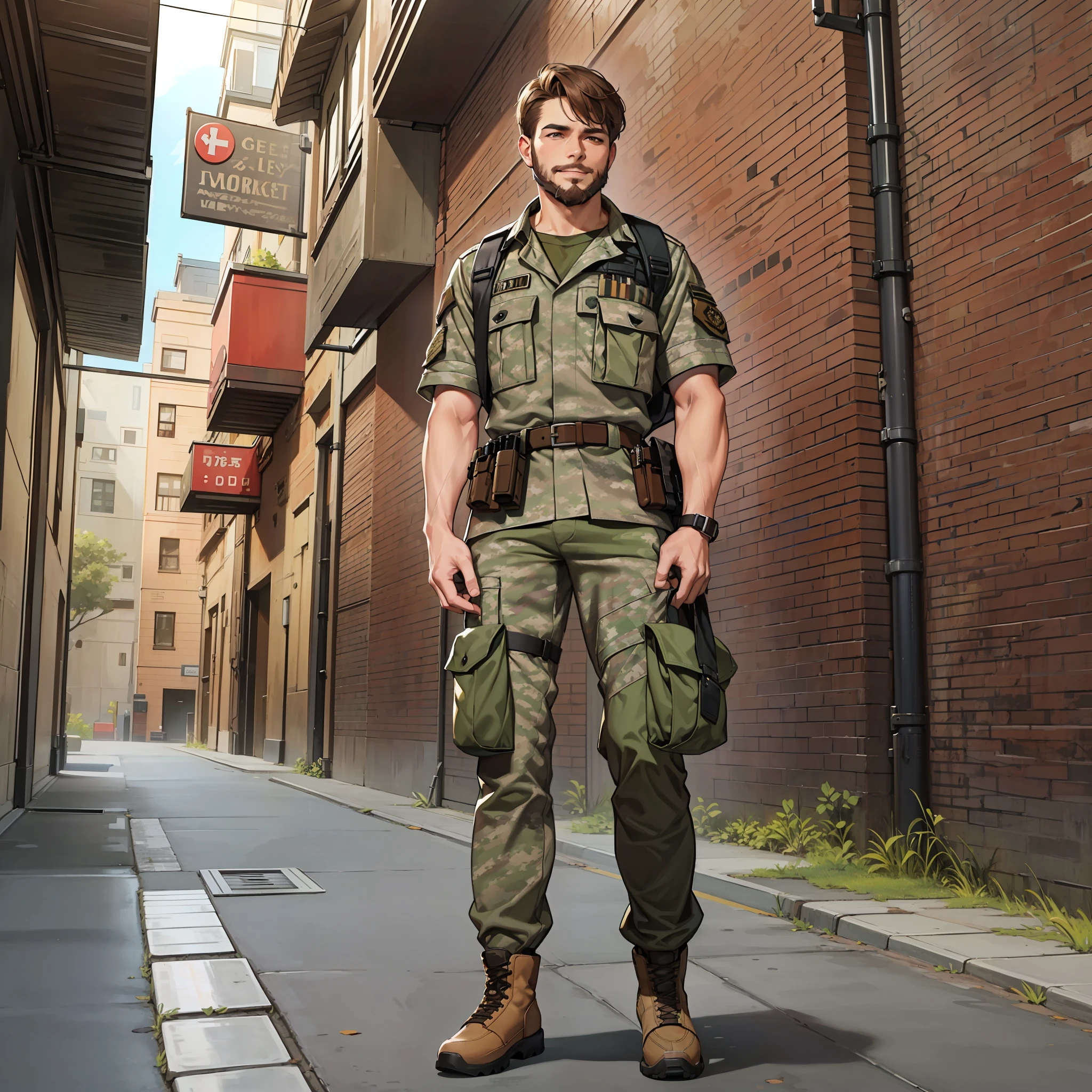 1boy, older, ((solo)), short brown hair, brown beard, camo shirt, cargo pants, (smirk), (smug), military base, day time, ((full body portrait)), (((safe for work)))