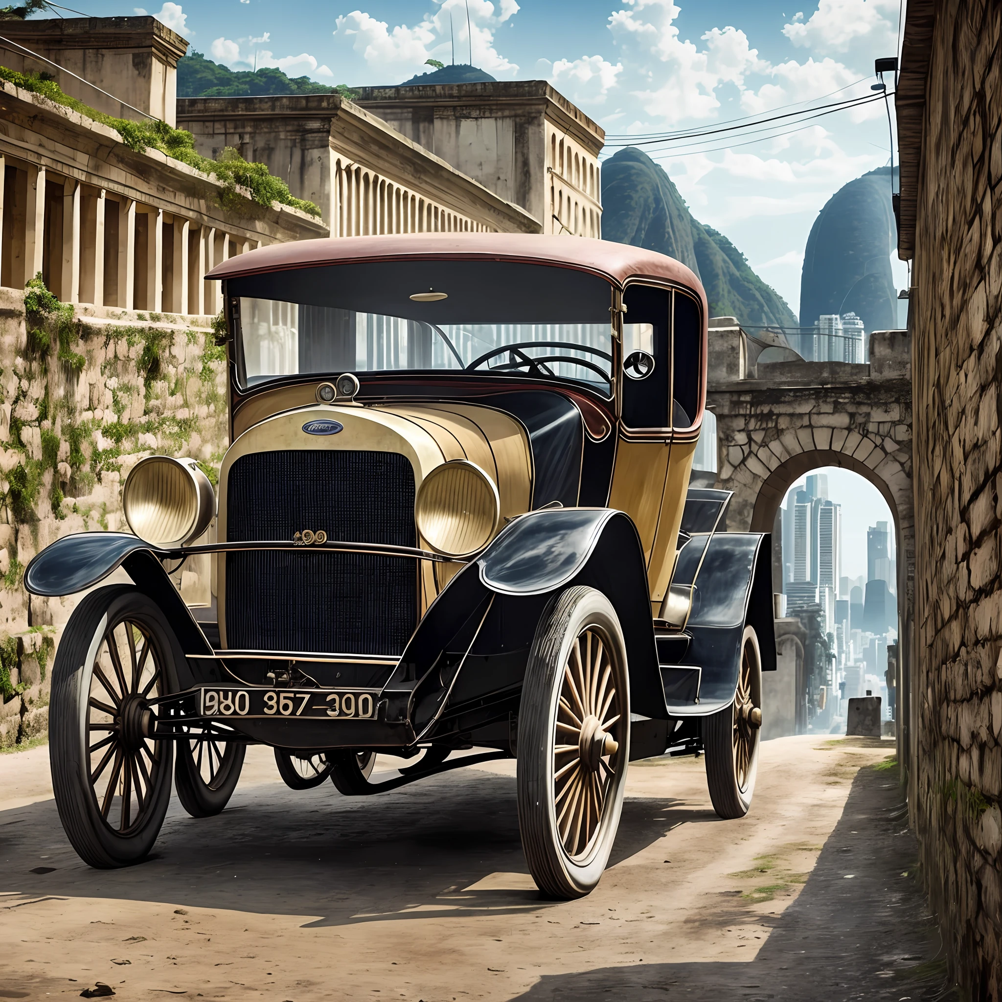 A very very old car Ford 1900, hyper detailed, hyper realistic, hyper sharp, 32k, Rio de Janeiro in background